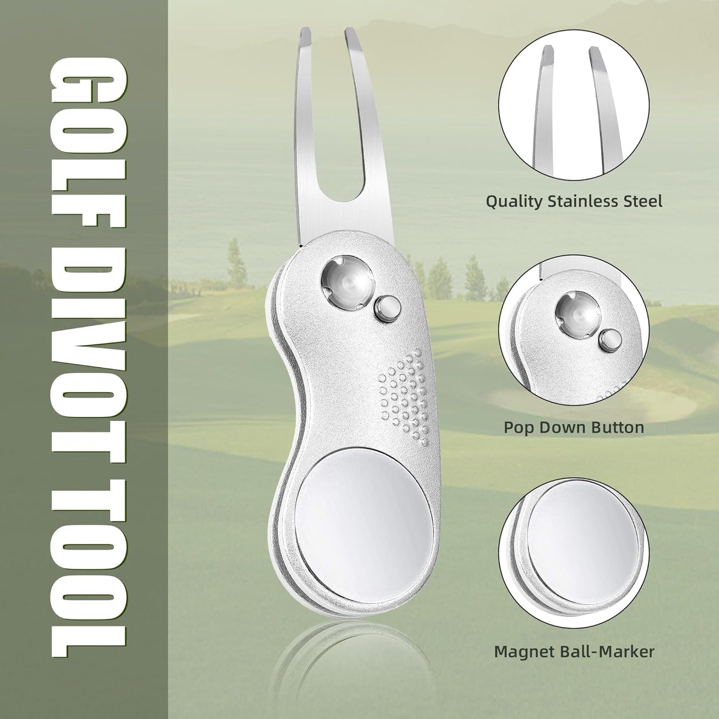 Mile High Life Golf Divot Repair Tool, All Metal Foldable Divot Tool with Pop-up Button & Magnetic Ball Marker