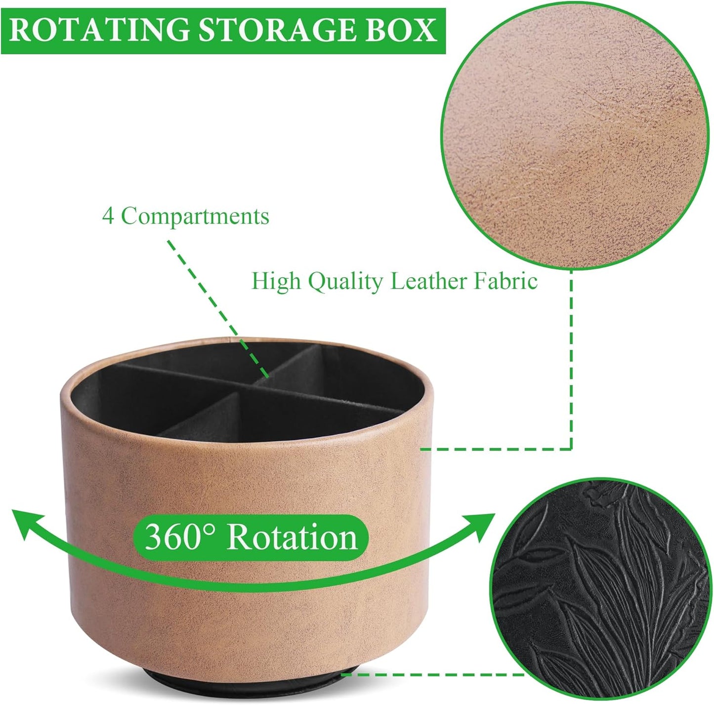 Hennaja Round Leather Art Supply Organizer,Remote Control Holder,360 Degree Spinning,Multi-Functional Pencil Holder,4 Compartments Desktop Stationary Organizer(1-Oil Yellow)