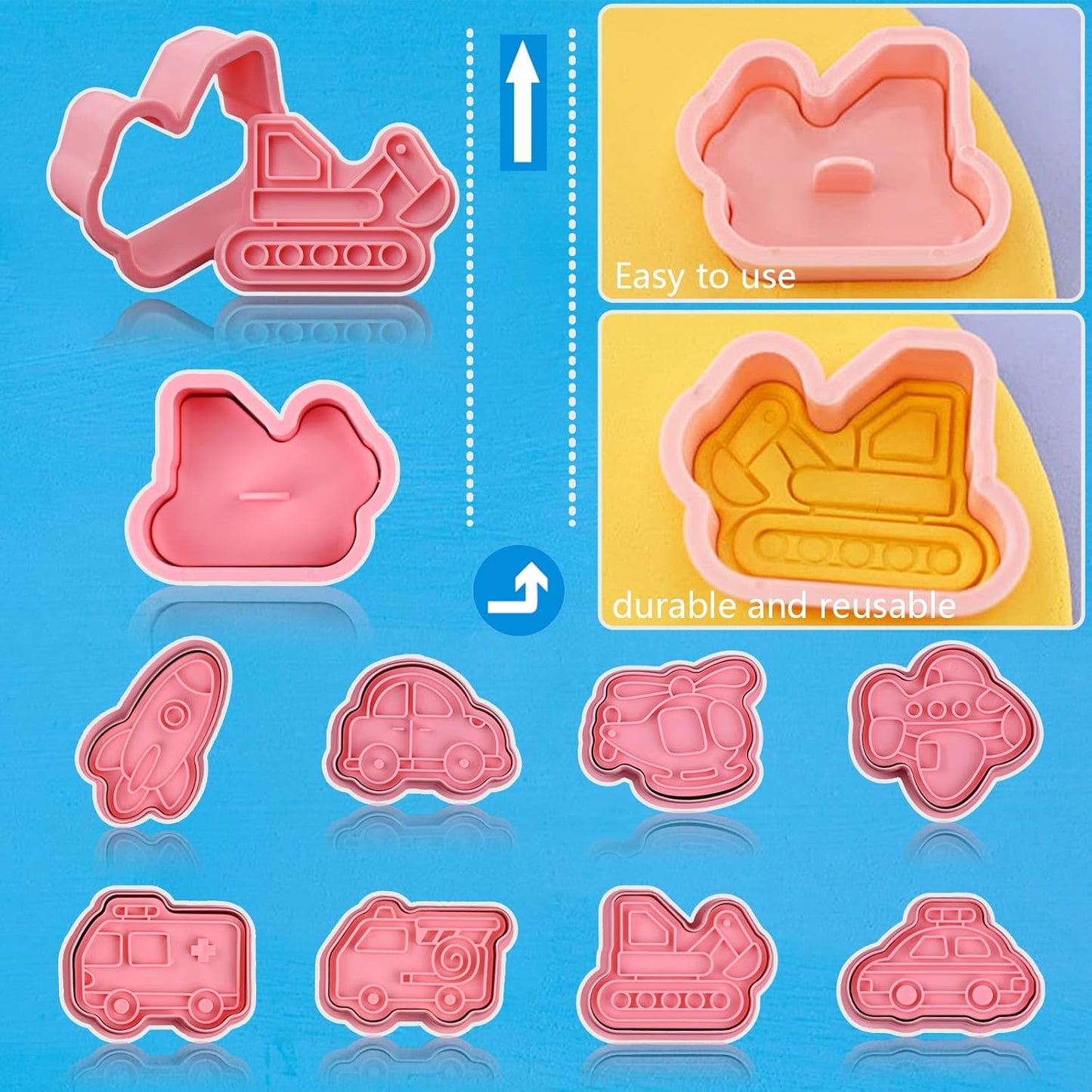 Transportation Vehicle Cookie Cutters With Plunger Stamper,8 Piece Transportation Theme Embossing Cutter For Fondant Biscuit Pastry Cheese Baking