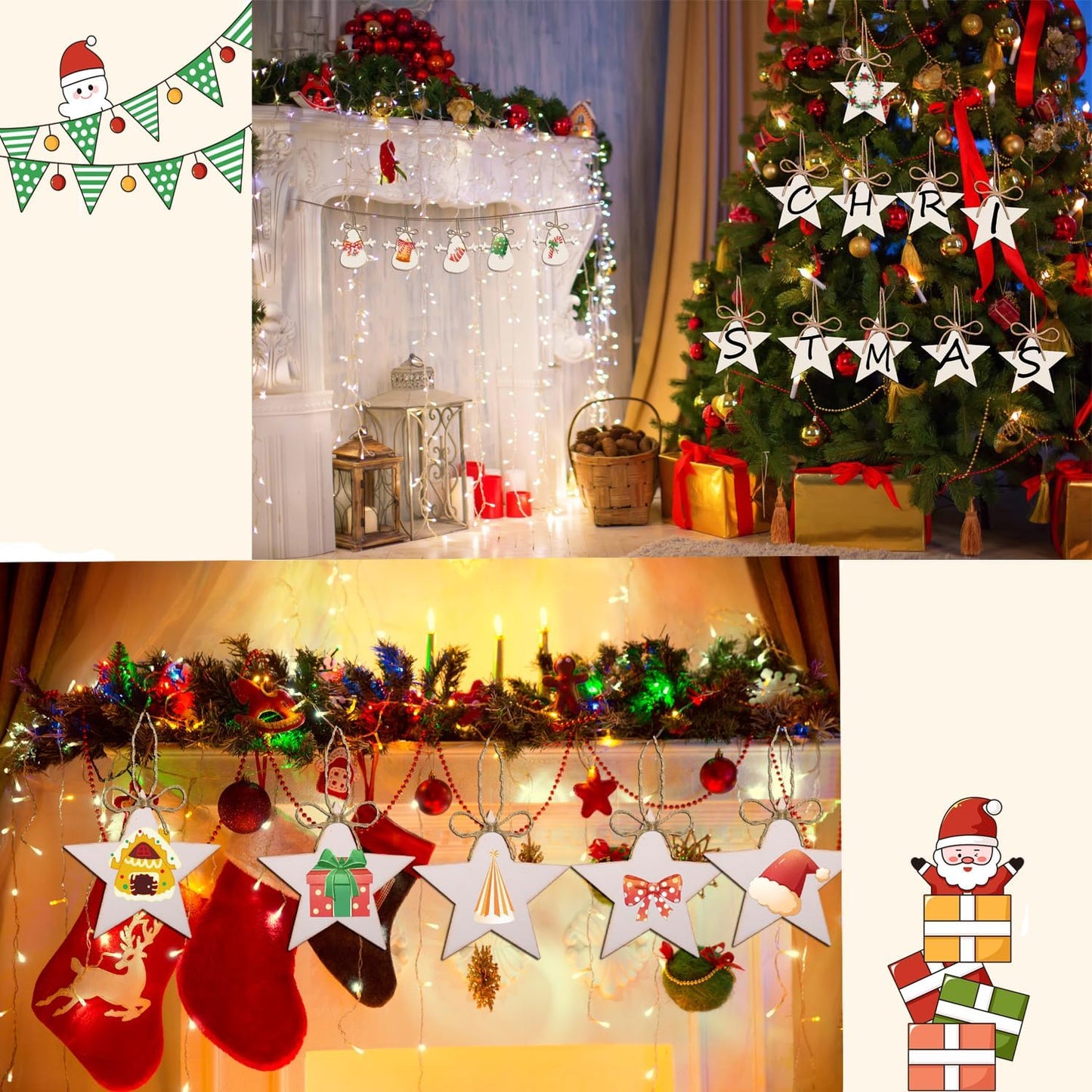 50PCS Unfinished Wood kit with Holes, Wood Slice for DIY Crafts, Blank Star Wood Cutouts Wooden Tags Ornaments for Sign Gift Tags, Christmas Decorations Indoor Outdoor Decor (Star Shape)