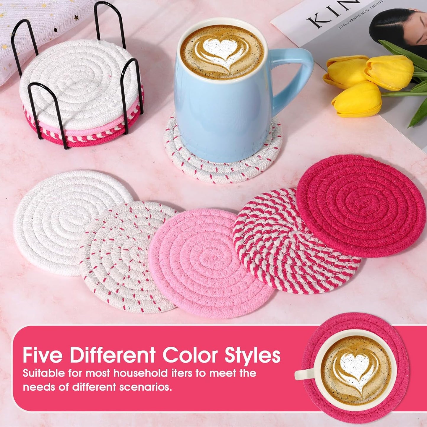Mckanti 10 Pcs Drink Coasters with Holder, 5 Colors Absorbent Coasters for Drinks, Minimalist Boho Coasters Cotton Woven Coaster Set for Home Decor Tabletop Protection Suitable for Kinds of Cups