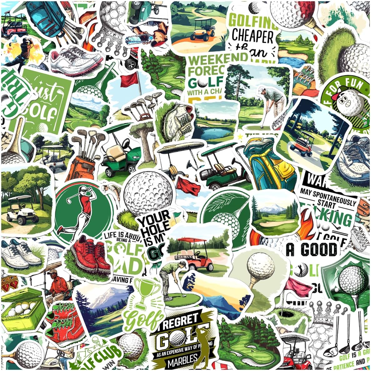108Pcs Golf Themed Stickers Pack for Men Women Teens Lovers Vinyl Decals Laptop Water Bottle Notebook Bag Cooler Luggage Durable Cart Ball Club Designs Wall