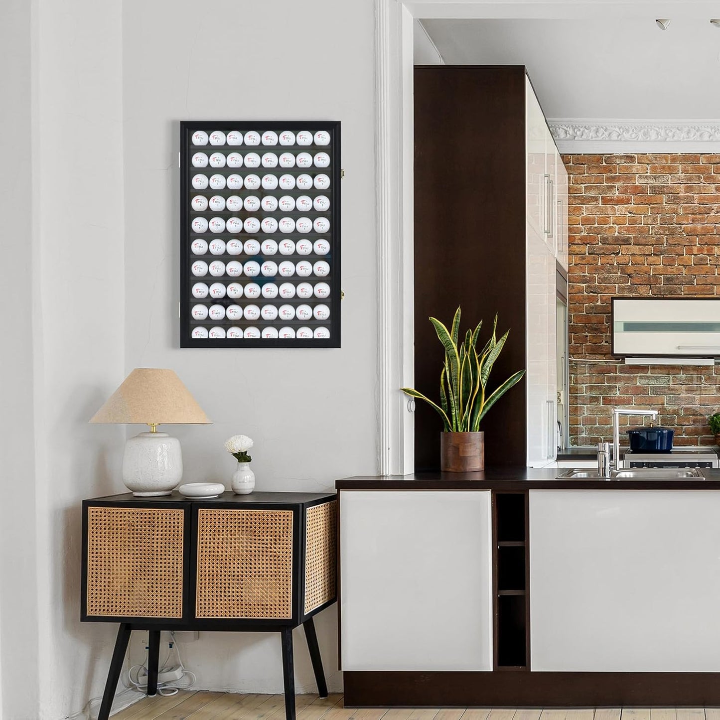 DisplayGifts 80 Golf Ball Display Case Cabinet Wall Rack Holder Solid Wood Frame with 98% UV Protection Lockable Acrylic Door, Wall Mounted or Stand Great Golfer's Gift