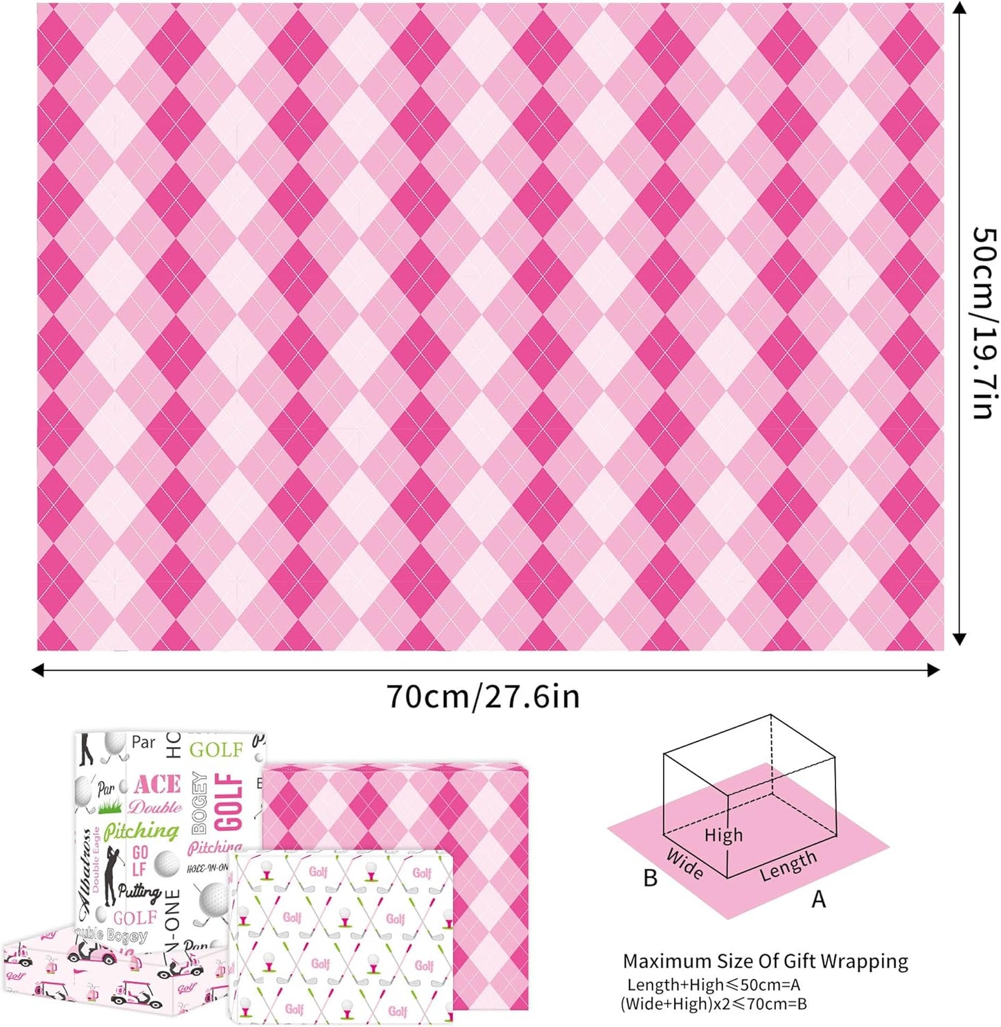 EoBeCy Pink Golf Wrapping Paper for Women Girls, 12 Sheets Folded Gift Wrap with Golf Carts, Clubs, Balls, and Argyle Prints, Sports Wrapping Paper for Birthday Retirement Bridal Shower, 20"×28"