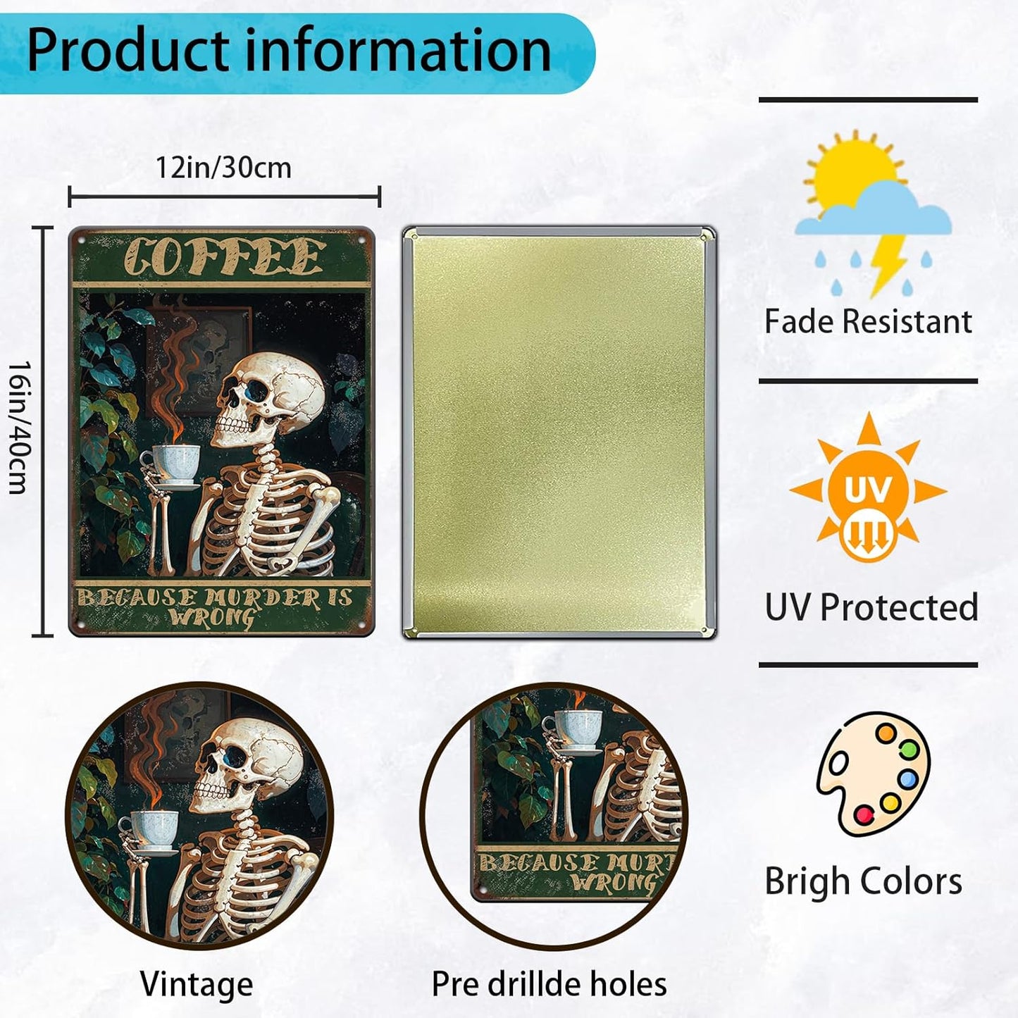 Vintage Coffee Skull Tin Sign Skeleton Old Fashioned Because Murder Is Wrong Metal Tin Sign Poster 12x16 Inch Home Restaurant Coffee Shop Wall Decor