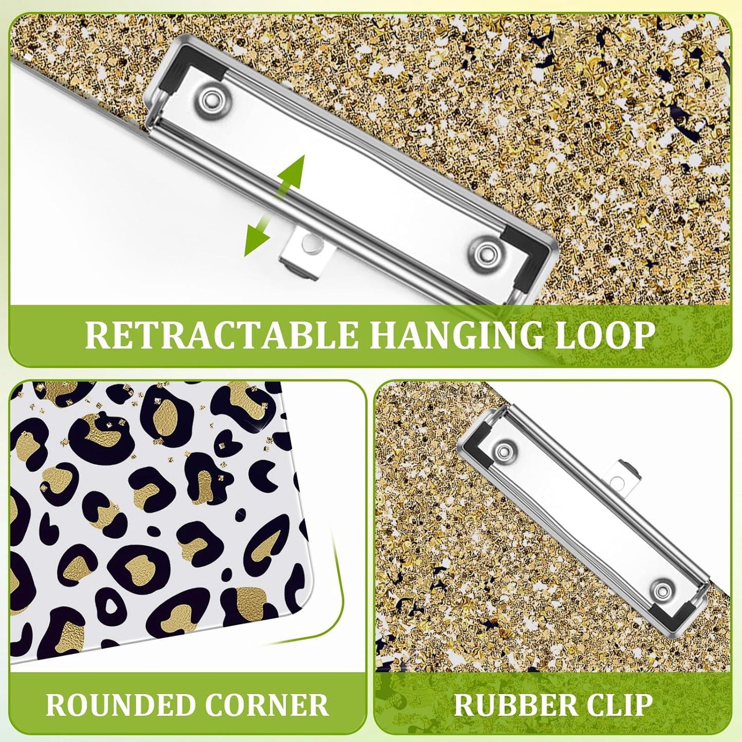 Glitter Leopard Clipboard,Decorative Acrylic Clipboard with Low Profile Metal Clip for Office,School,Teachers,Students Standard Letter Size 9x12.5