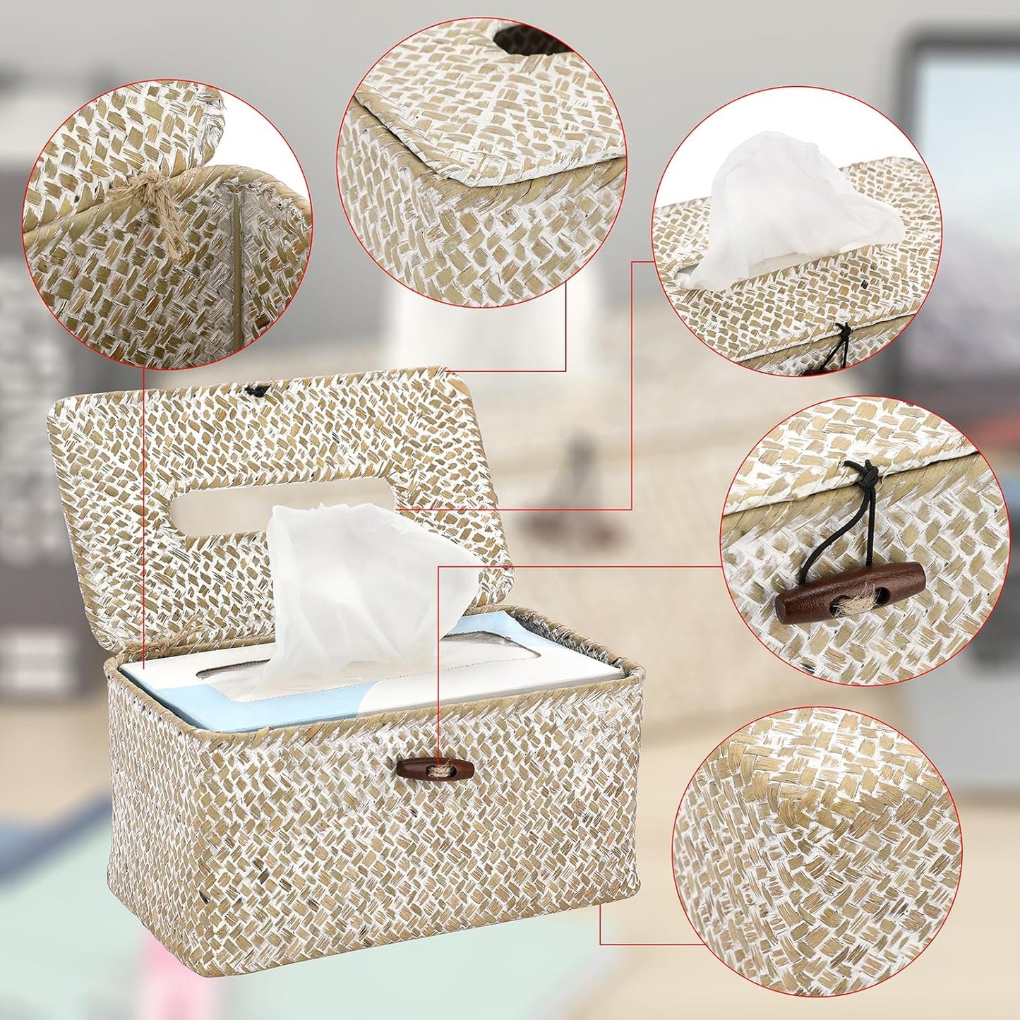 Sumnacon Tissue Box Cover-Large Rectangle Tissue Box Seagrass Tissue Box Holder Woven Tissue Holder Decorative Tissue Cover for Bathroom Tissue Box Cover Rectangular for Home Office Table Whitewash