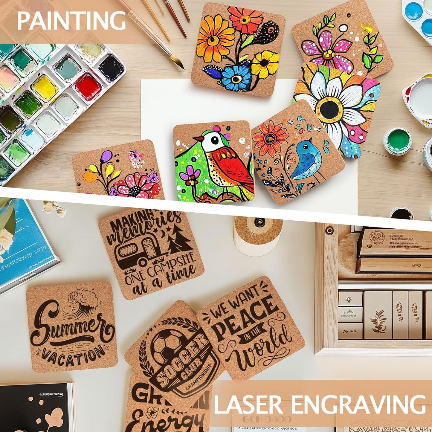 60 Pieces Cork Coasters for Drinks, GOH DODD Thicken Absorbent Blank Coasters for DIY Crafts Laser Engraving Sublimation Wood Burning Plants Painting Housewarming Gifts Wedding, Square, 4 Inch