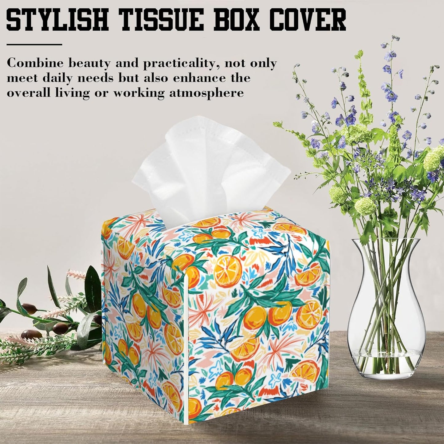 Summer Fruits Orange and Leaves Tissue Box Cover Square, Tissue Box Holder Leather Facial Paper Case Decorative Organizer Holder Dispenser Home Office Car Decor