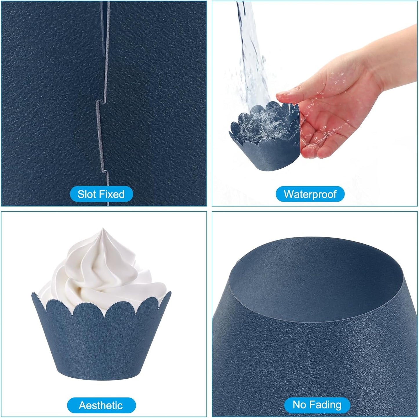 PATIKIL Cupcake Wrappers Paper, 50 Pack Baking Cups Standard Wave Decoration for Anniversary Birthday Weddings and Parties, Black Blue