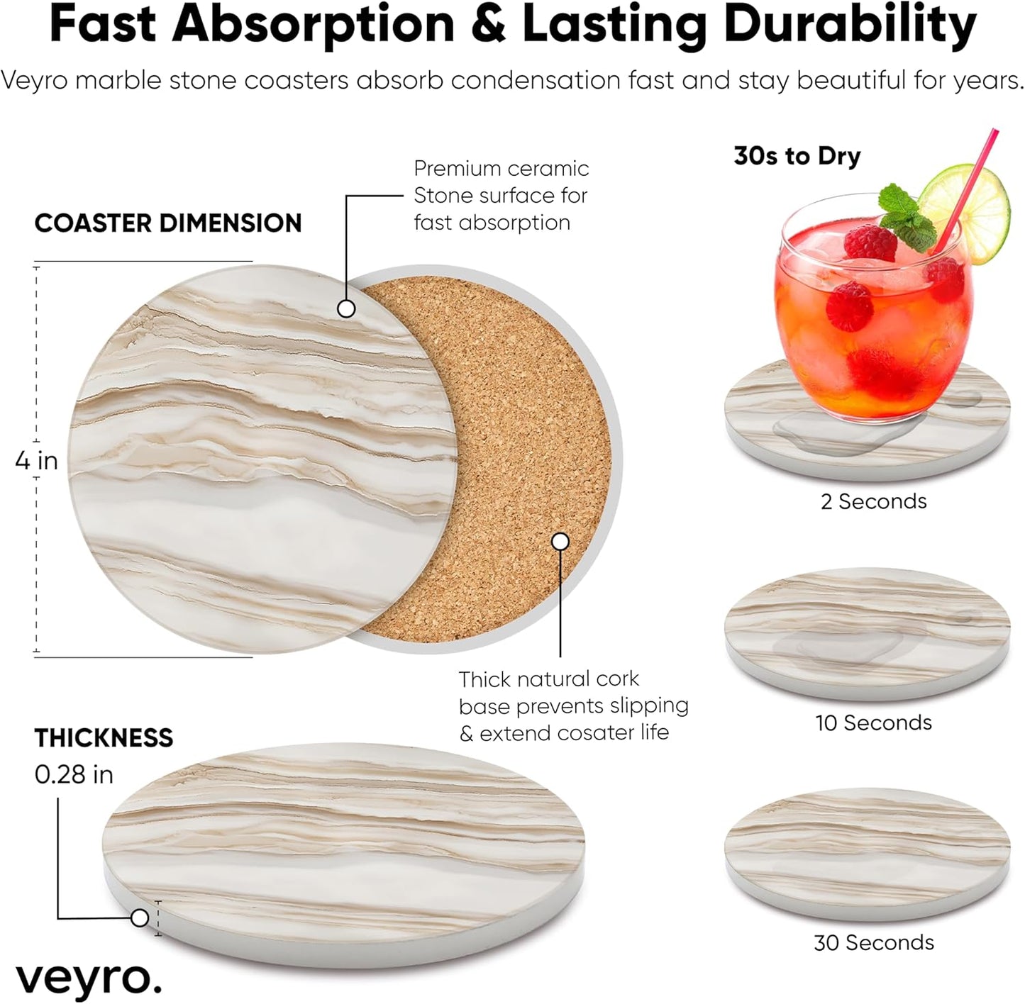 VEYRO Coasters Set of 4 for Drinks – Absorbent Ceramic Stone Drink Coasters with Cork Backing for Coffee Table & Desk, Modern Marble Look Cup Coaster Set, Housewarming Gift for New Home
