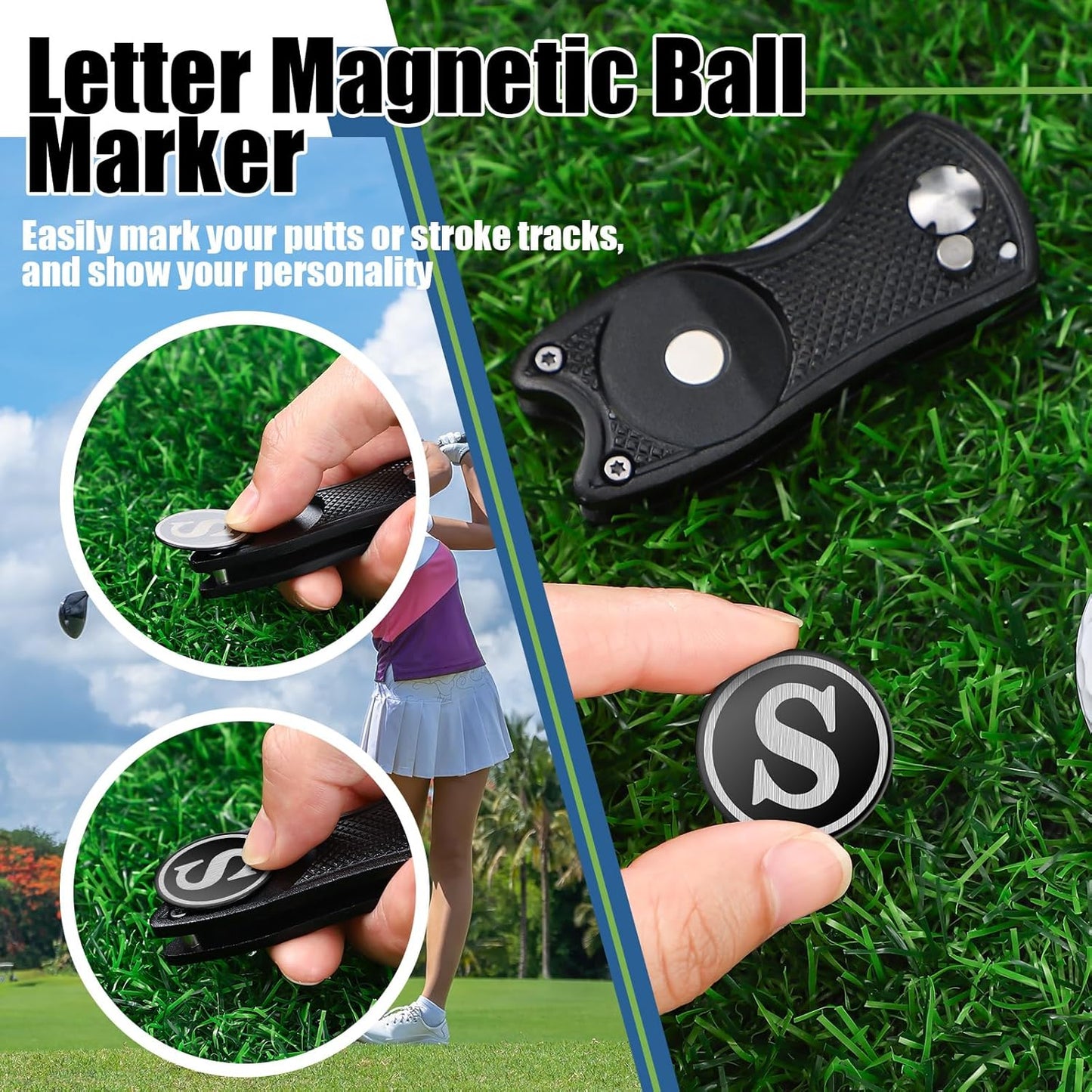 Golf Divot Repair Tool with Letter Custom Monogrammed Initial Ball Marker Divot Tool Foldable Metal with Magnetic Putt Alignment Golf Gifts for Men Father Golfer Christmas
