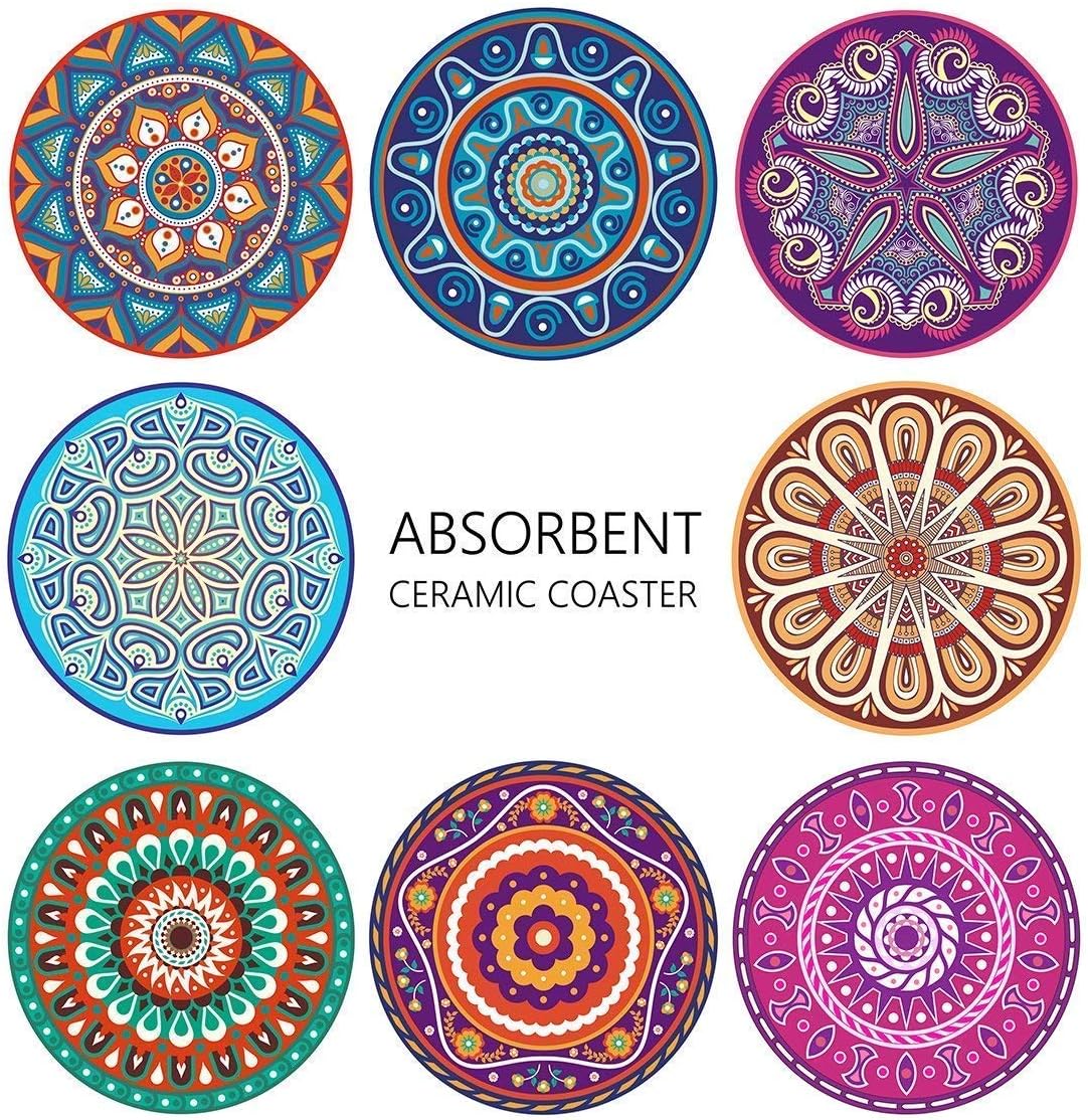 Darate Absorbent Coasters with Holder Set of 8, Coasters for Drinks, Unique Housewarming Gift, 4 Inch Round Coaster for Bedroom, Home, Office, Bar, Dining Room, Living Room, Kitchen (Mandala)