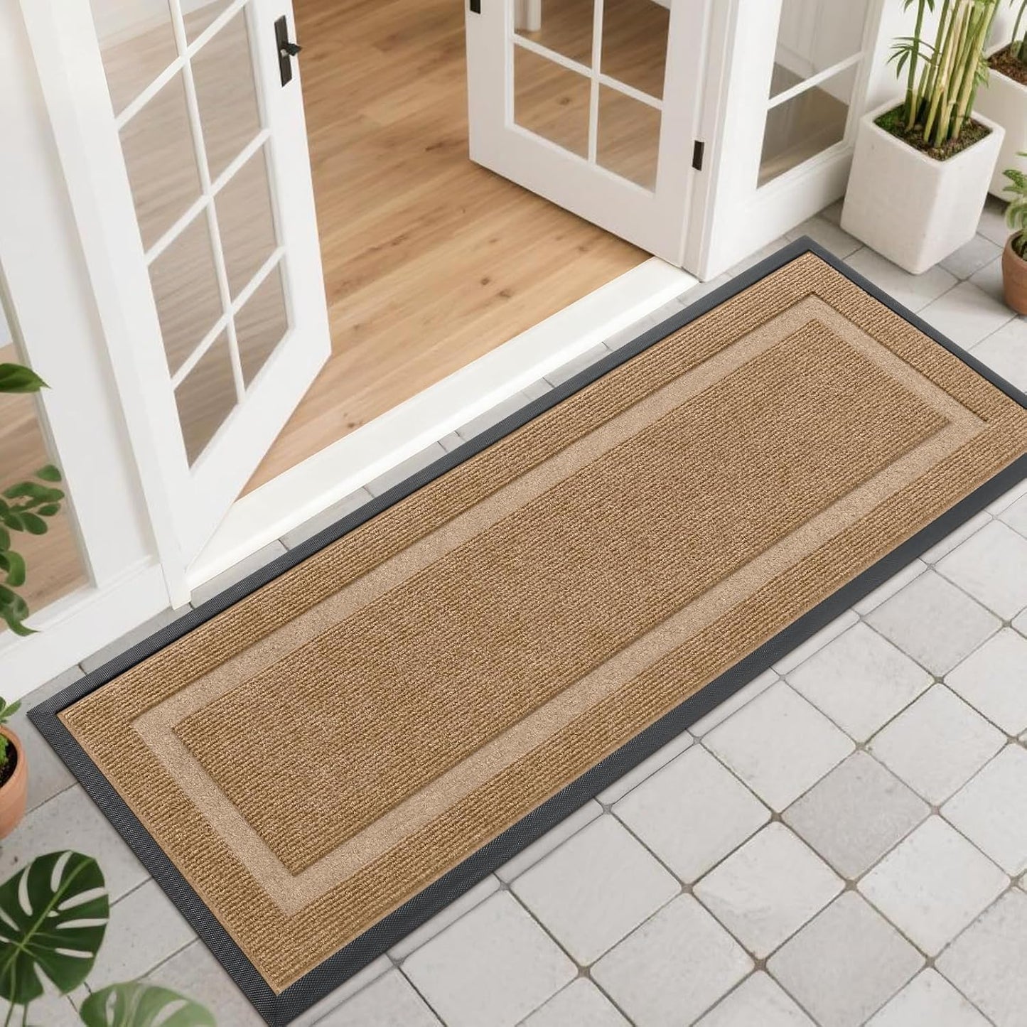 OLANLY Front Door Mat Indoor Outdoor Entrance, Waterproof All-Season, All-Weather Doormat, Sturdy Natural Rubber, Fade Resistant, Low Profile, Easy Clean Patio Porch Entryway Mat, 47x17, Light Brown