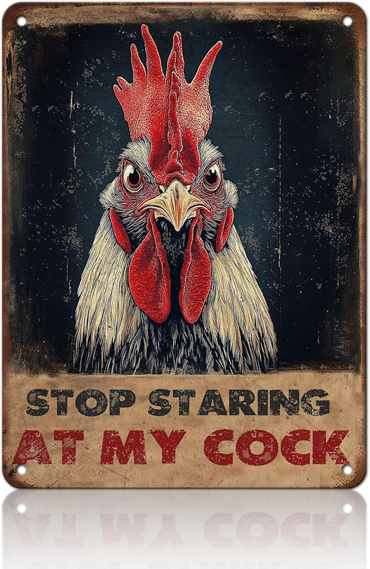 Vintage Farm Sign Chicken Stop Staring At My Cock Farmhouse Metal Tin Sign 12x16 Inch Home Wall Decor