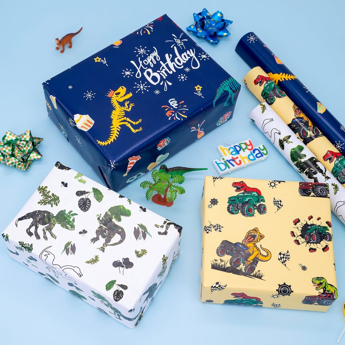 Vnaaem Dinosaur Wrapping Paper Rolls with Cutlines on Reverse - 3 Rolls Birthday Gift Wrap for Kids Boys Girls Dinosaur Party Birthday Gift Wrapping Holiday(17 Inches X 120 Inches)