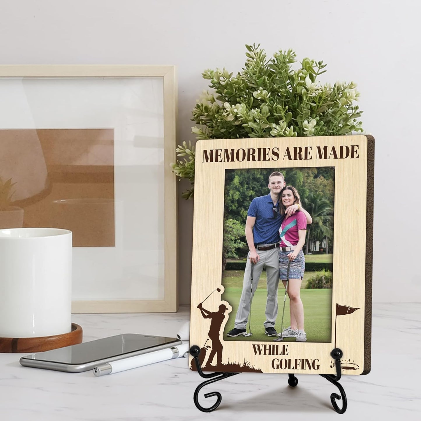 Special Golf Gifts for Family, Warm Memory Gifts for Female Male Friend, Golf Decorative Photo Frame, Vertical Wooden Picture Frame with Stand, Golfer Present, Home Office Desk Decor-B28