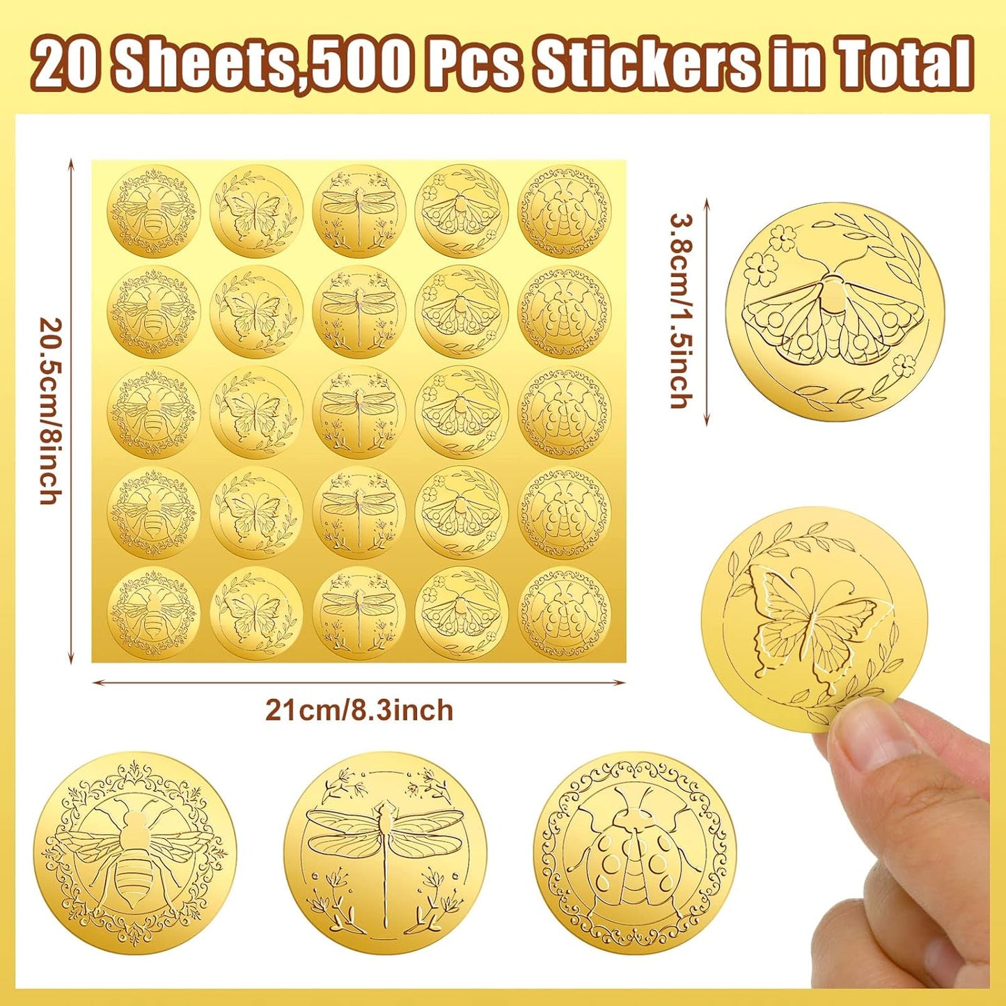 Chinco 500 Pieces Gold Embossed Envelope Seals Stickers Adhesive Seal Stickers Vintage Embossed Foil Certificate Kit Plant DIY Labels for Wedding Invitations Envelopes, 5 Patterns(Insect Style)
