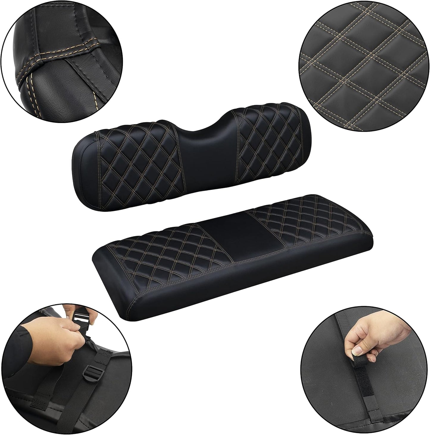 NOKINS Golf Cart Seat Covers Fit Club Car Precedent/DS/EZGO RXV/TXT/Yamaha Drive Aftermarket Standard Rear Seat Cushion, No Stapler, Multiple Colors&Breathable (Black&Brown Stitch)