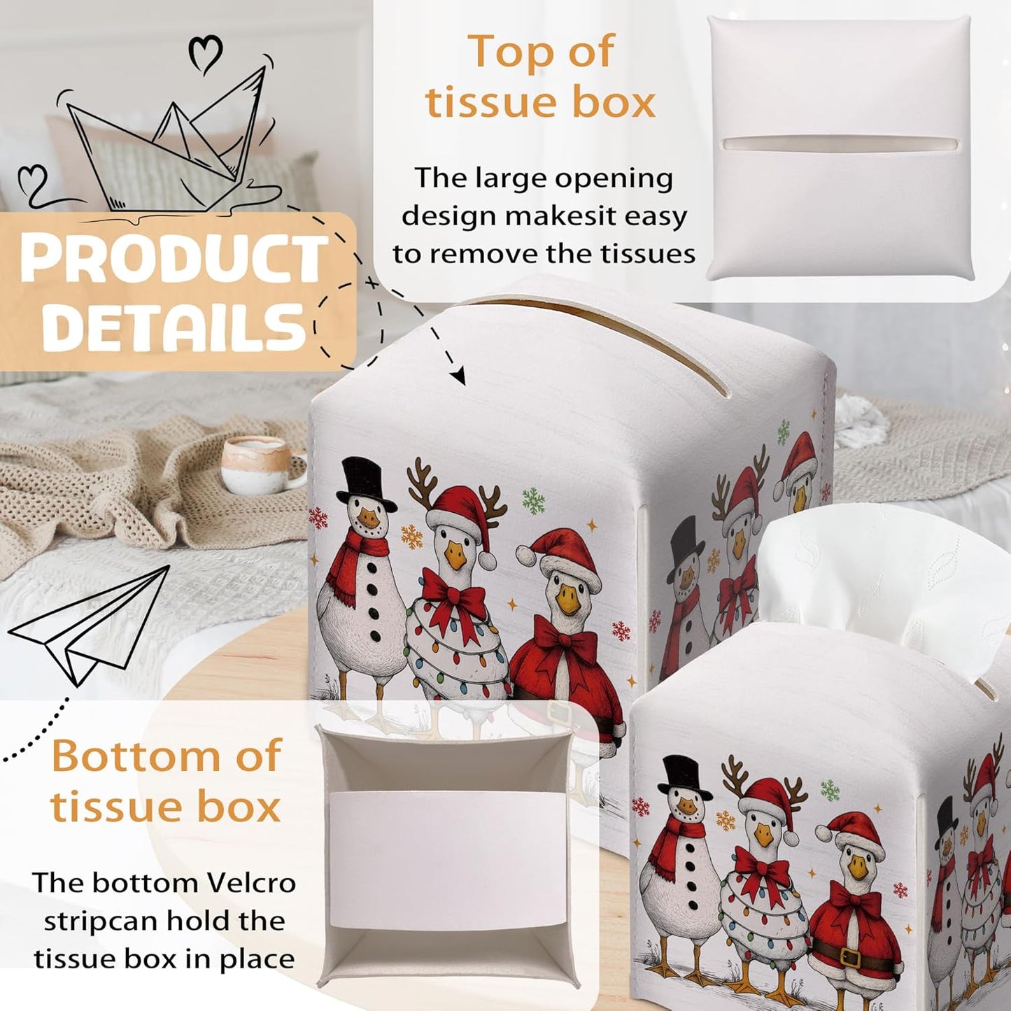 Vintage Christmas Goose Tissue Box Holder, Retro Christmas Leather Tissue Box Cover Square, Paper Facial Decorative Tissues Cover for Bathroom Kitchen Office Home Decor-B27