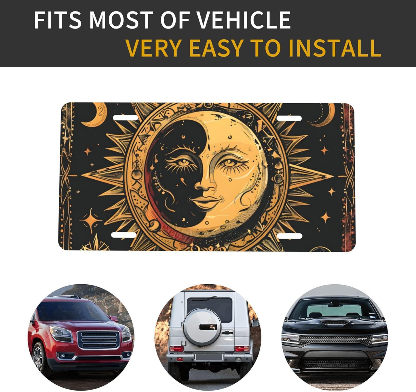 Front License Plate for Car Designs Ethnic Retro Sun Moon Stainless License Plate Cover Holder for Men Women Metal Aluminum Decorative Accessory Vanity Tag Standard 6 X 12 Inch (4 Holes)