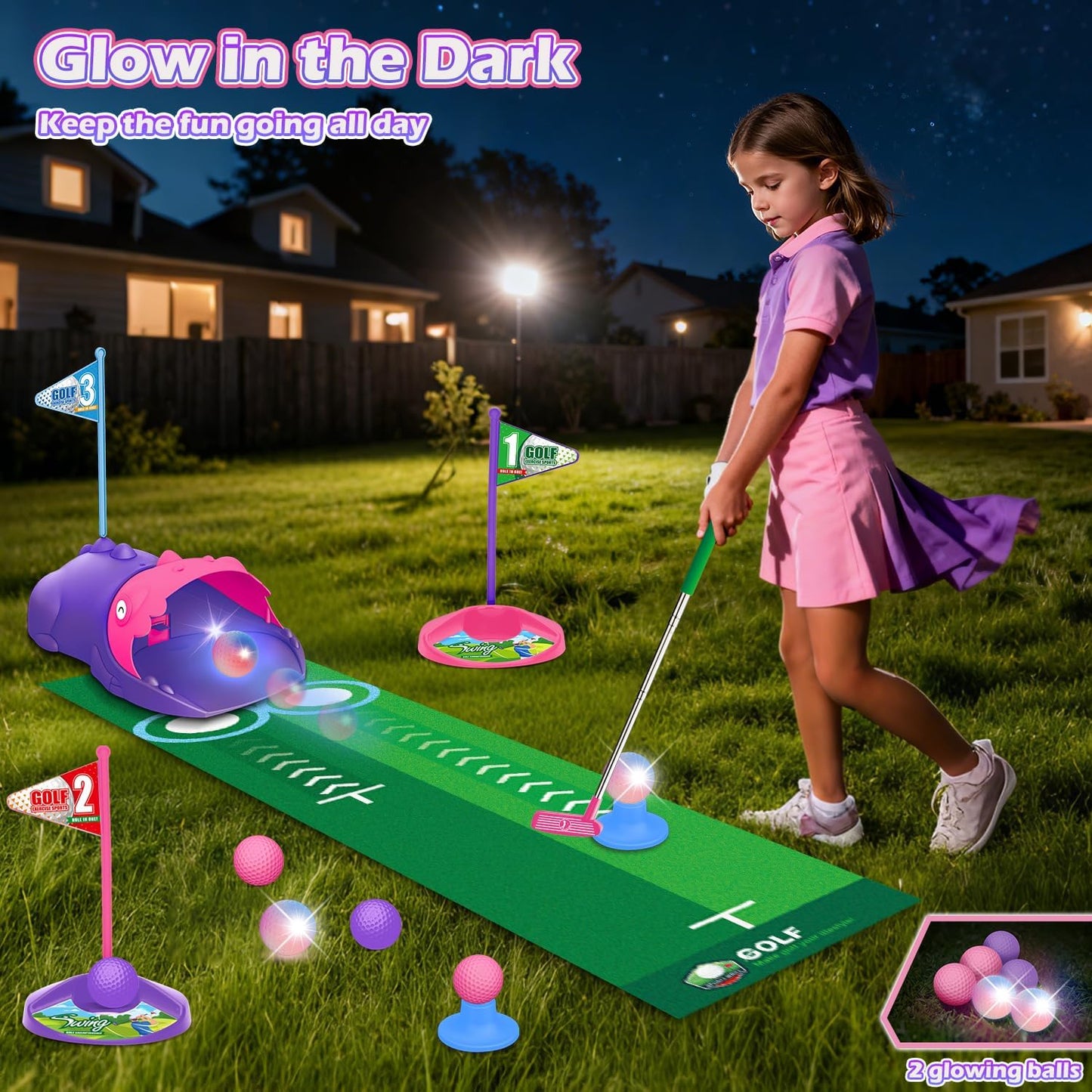 Kids Toy Golf Set with Dinosaur Automatic Golf Returner, Led Light Up Night Golf Balls, 3 Clubs, Putting Mat, 3-8 Toddler Mini Golf Games, Indoor Outdoor Sports Toys for Boys Girls 3+ (Pink)