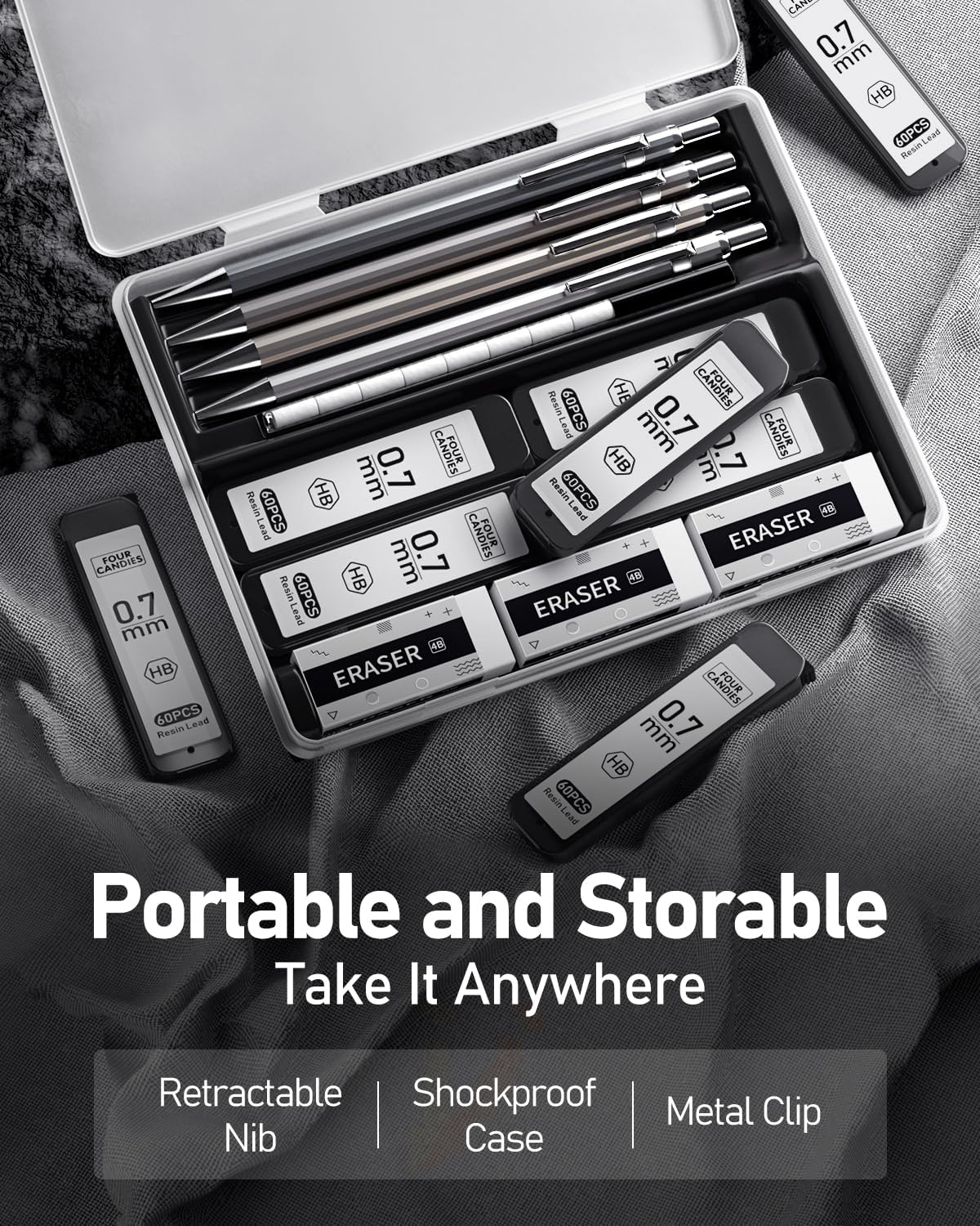 Four Candies 0.7mm Mechanical Pencil Set with Case - 4PCS Metal Mechanical Pencils, 8 Tubes HB #2 Lead Refills, 3PCS 4B Erasers and 9PCS Eraser Refills, Lead Mechanical Pencils for Writing & Drawing