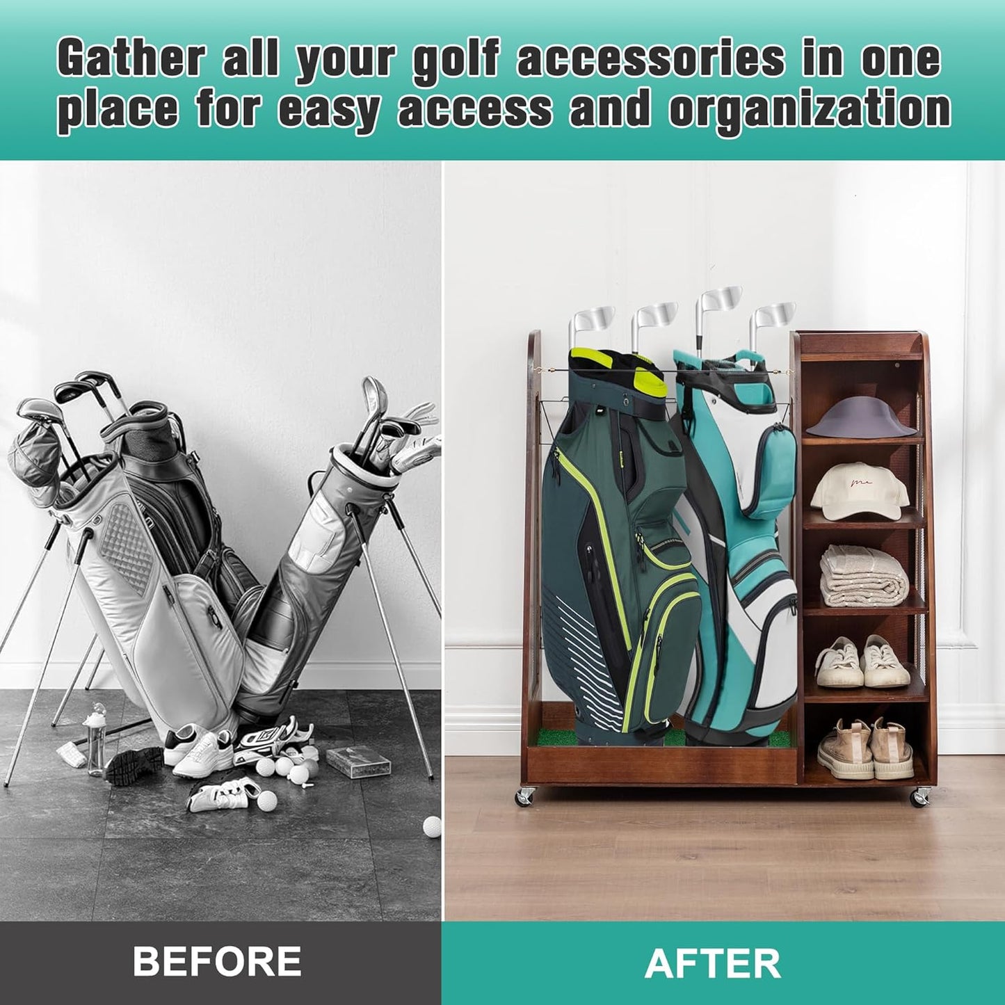 Wooden Golf Bag Organizer and Storage Rack, Wooden 2 Golf Bag Rack with Drawers, Easy to Assemble Golf Club Holder/Stand with Club Holders on Side