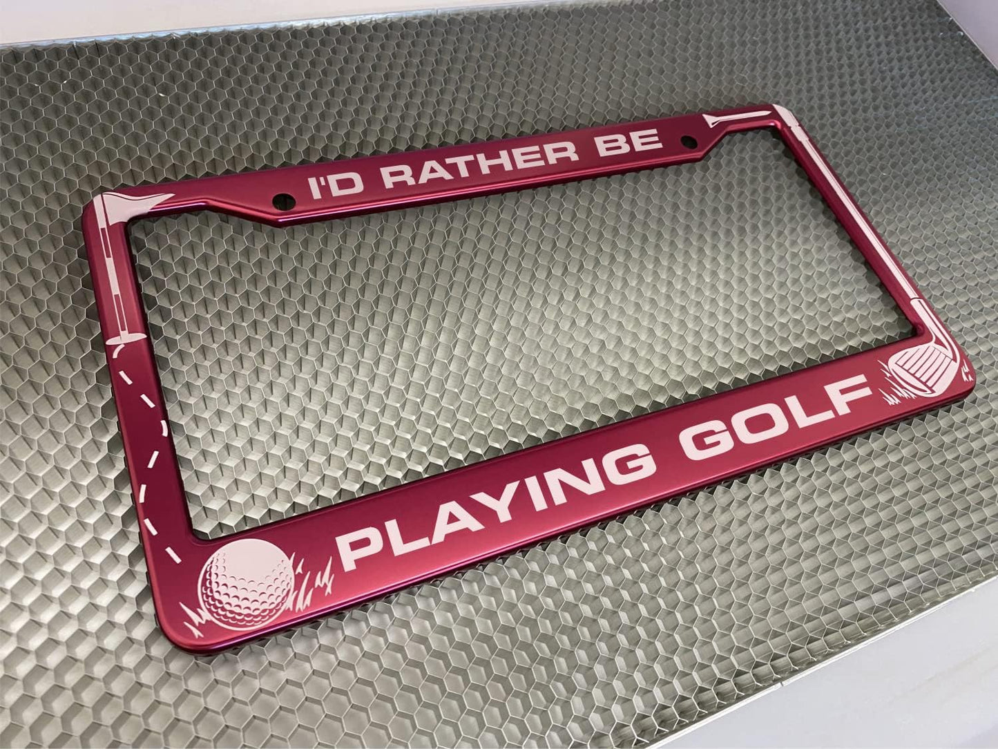 Golf Club and Ball Design with Your Custom Text | Laser Etched Anodized Aluminum Standard Size - CAR/Automobile License Plate Frame & Free caps - Dark Pink (Qty: 1 Frame)