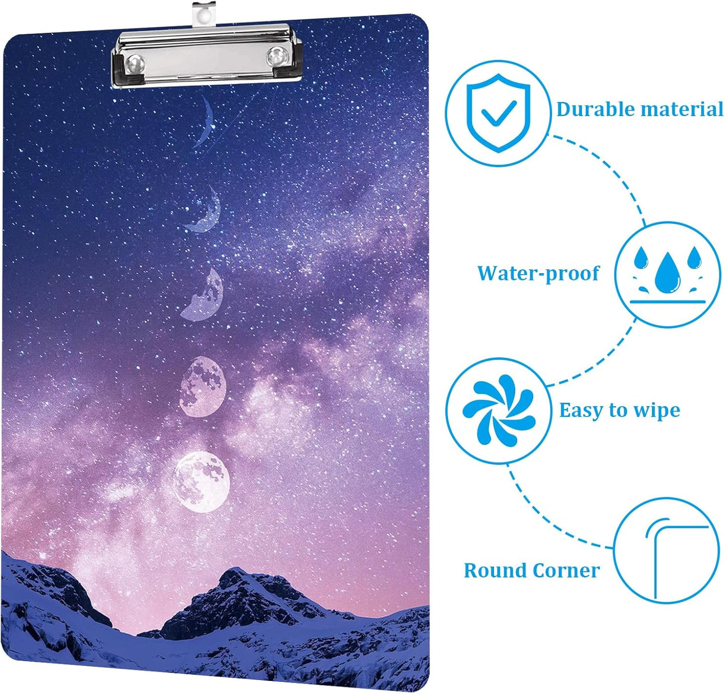 Design Letter Size Plastic Clipboards for Students Women Man and Kids A4 Standard Size 8.7" x 12.5" with Low Profile Metal Clip Lunar Eclipse Moon Purple Mountains