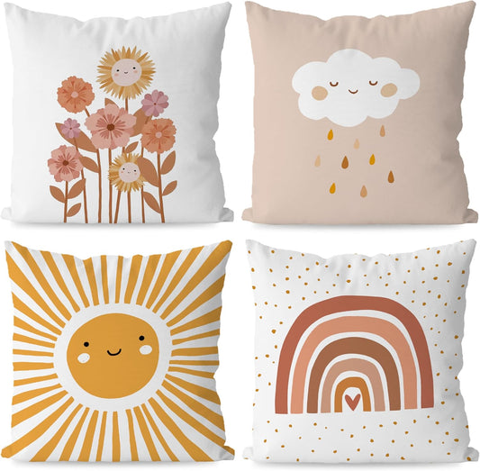 KEUSPI Boho Nursery Sun Cloud Rain Flower Rainbow Throw Pillow Covers,Bohemian Throw Pillow Covers 18×18 Inch Set of 4,Home Girls Kids Room Nursery Playroom Decor,Boho Gifts for Baby Girls