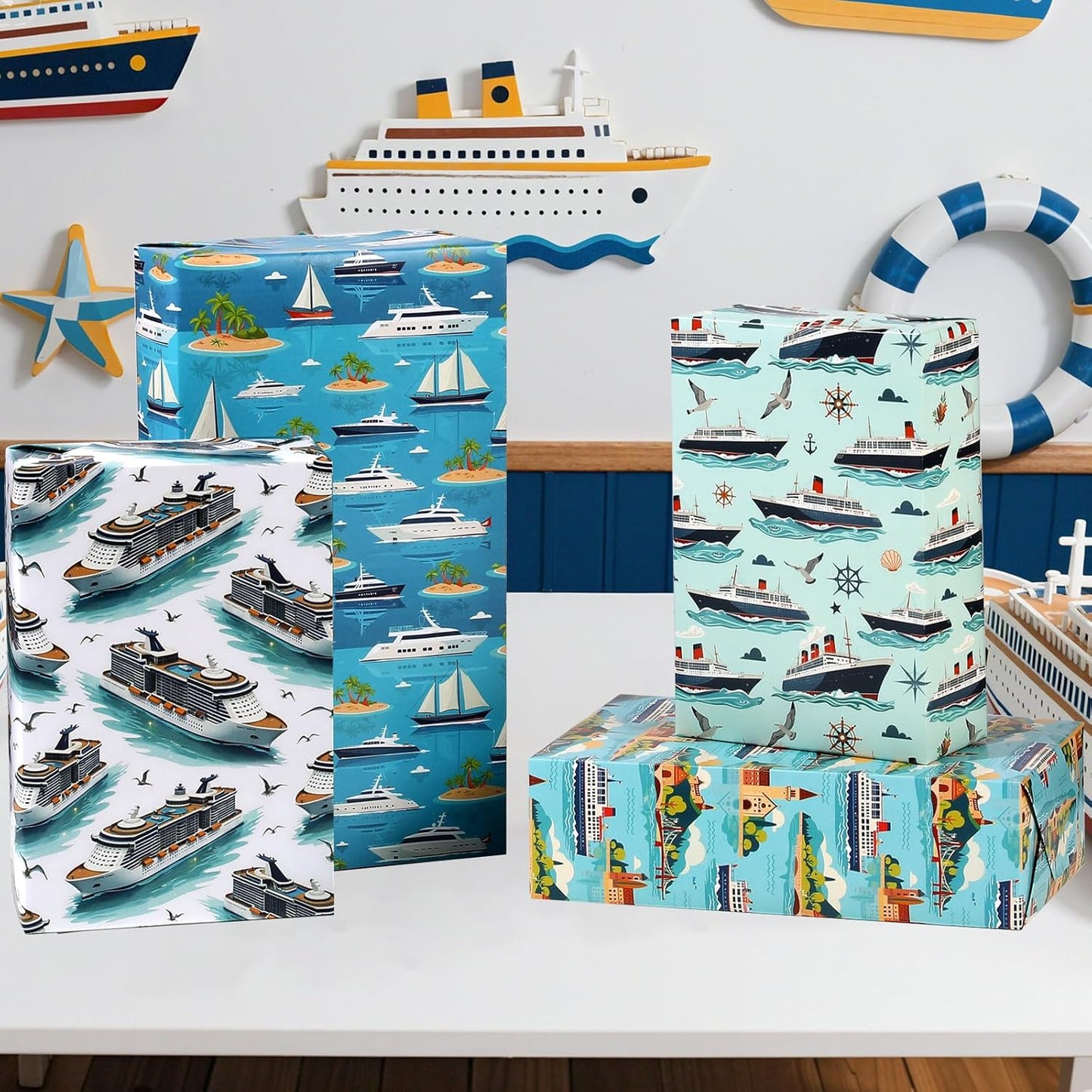 Pineraap Cruise Ship Wrapping Paper 12 Sheets Nautical & Voyage Themed Gift Wrap for Cruise Lovers,Travel Enthusiasts,20"x28"