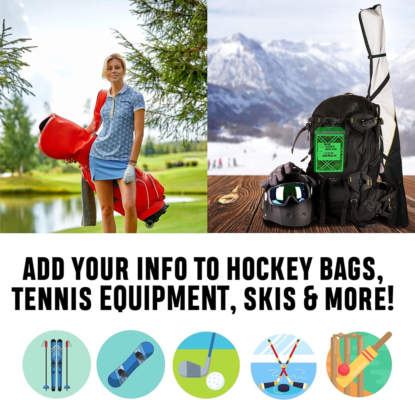 Golf Luggage Tag - Set of 2 Bag Tags Set Extra Large 9" x 6" - Plastic Waterproof Zipper Pouch - PVC Baggage Tag Sleeve for Travel & Shipping Golf Bag - Sealable Personalized Ship Sticks