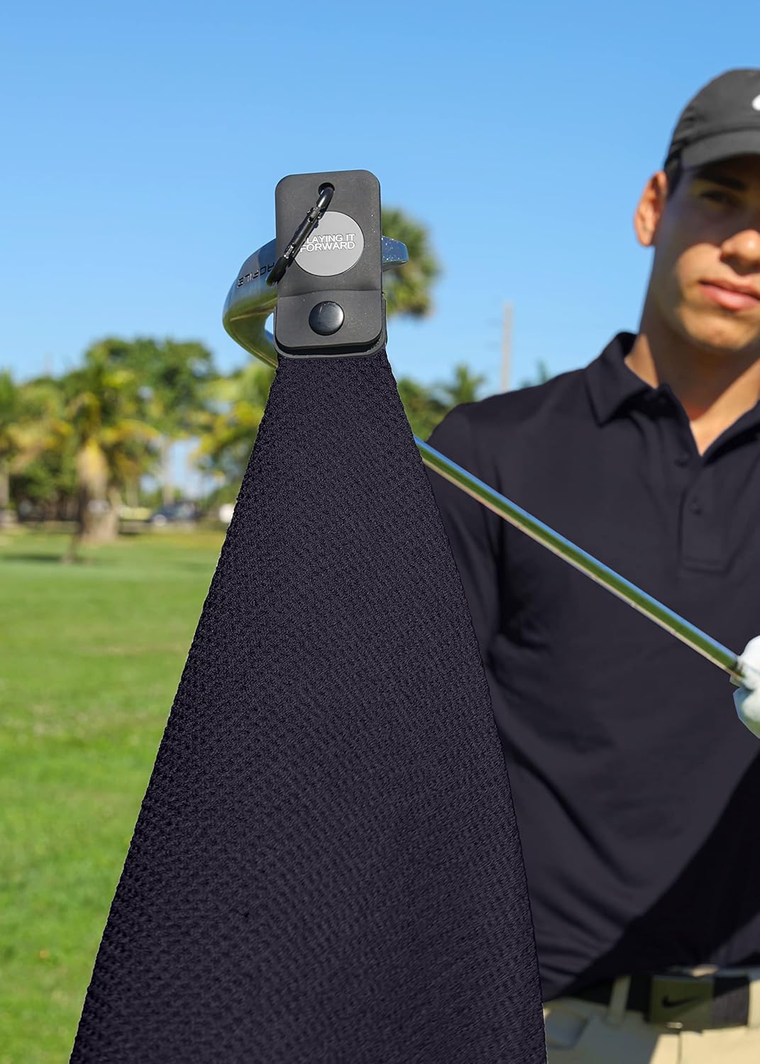 Magnetic Golf Towels for Golf Bags with Clip & Ultra Strong Magnet - Waffle Weave Microfiber Towel for Secure Hold on Bags & Carts - Ideal Club Cleaner & Accessories - Black