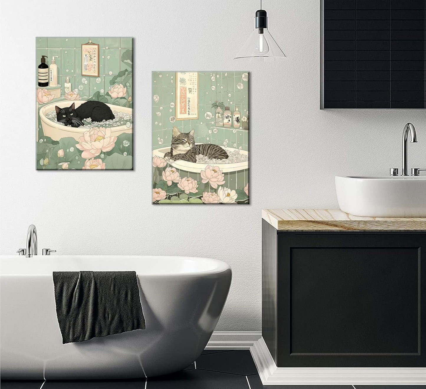 Japanese Cat Bathroom Canvas Wall Art Cute Funny Black and Tabby Cat Poster Prints Zen Lotus Style Painting Pictures Animal Bathtub Wall Decor for Bathroom Toilet Home & Spa Framed