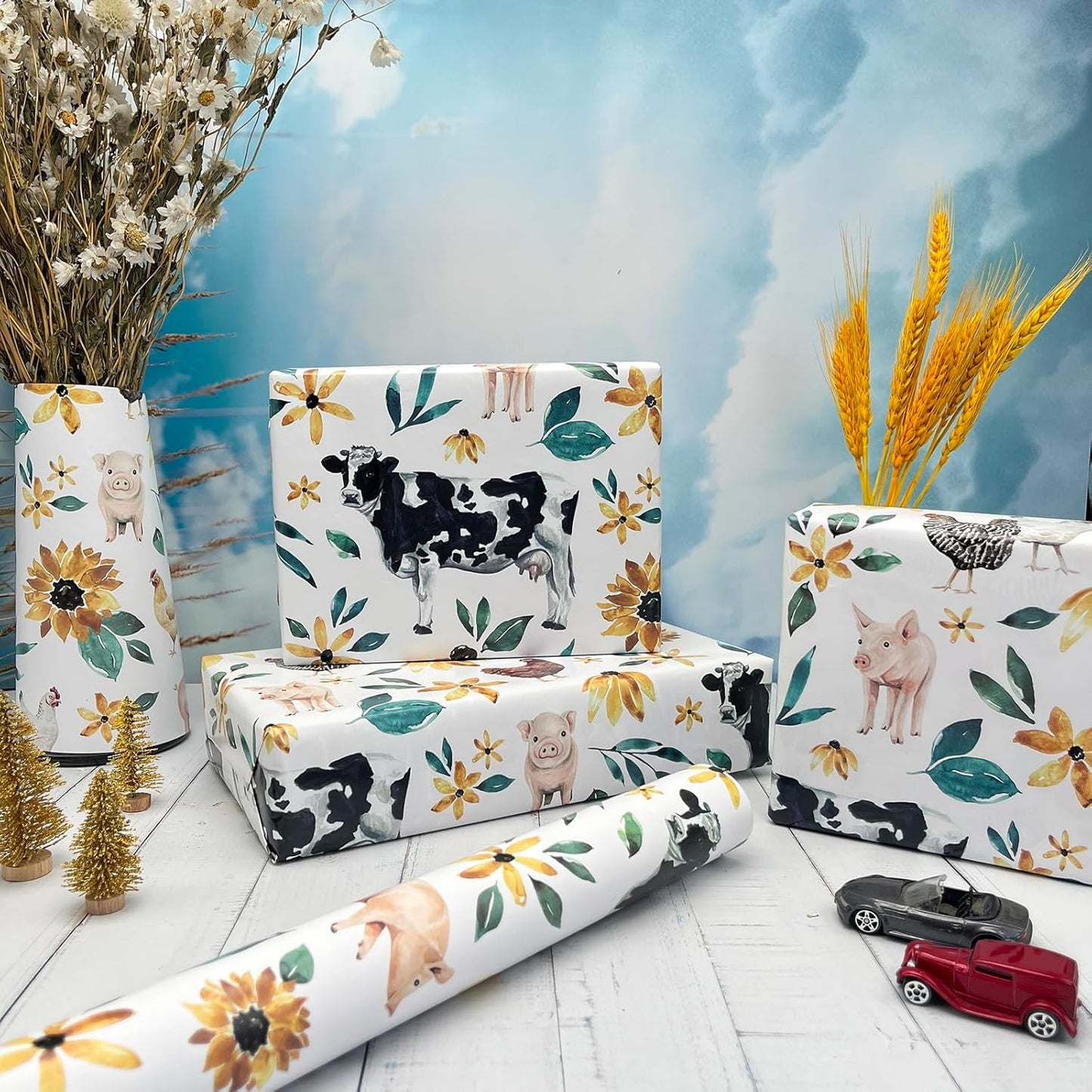 Dtiafu Farmhouse Wrapping Paper Folded Flat Cow Chicken Boho Floral Gift Wrap Bulk Cute Farm Animal Art Paper for Christmas Holiday Birthday - 20 x 28 Inch Per Sheet (6 Sheets)