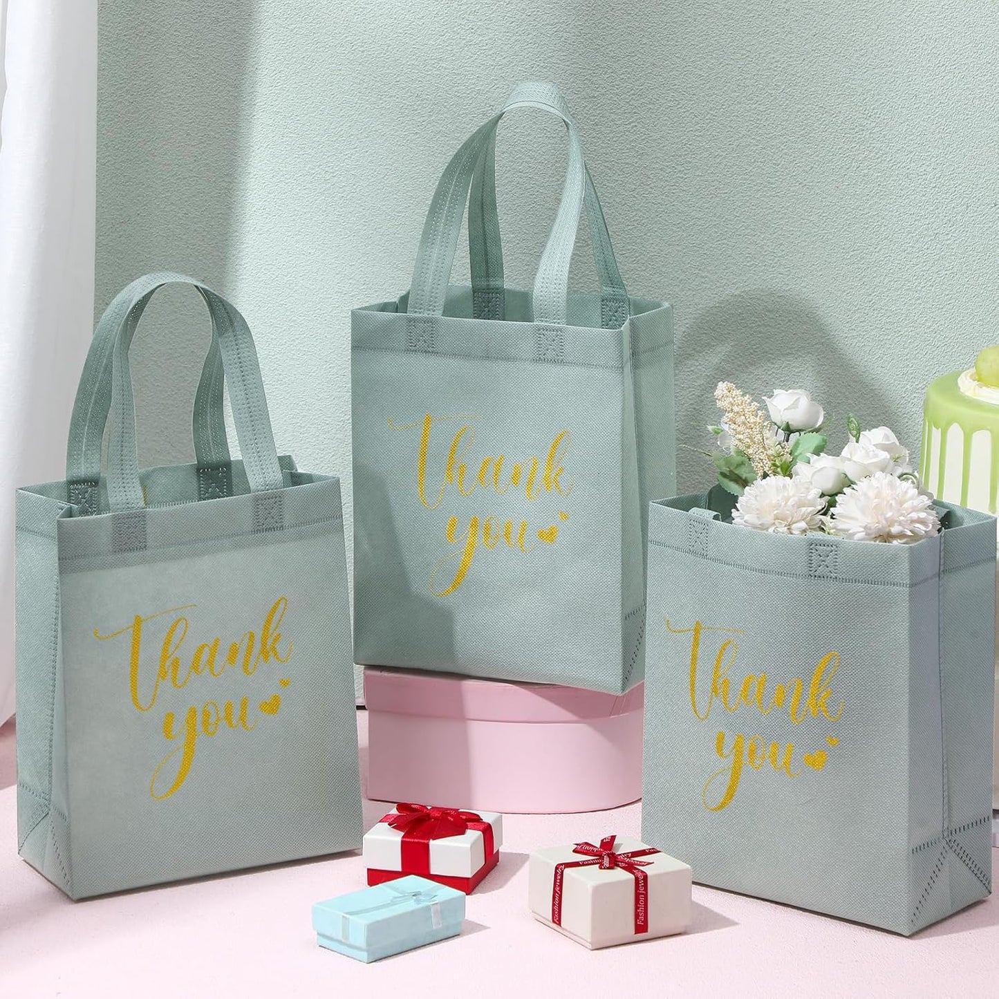 Sweetude 30 Pcs Thank You Gift Bags with Handles Bulk Reusable Goodie Bag Non Woven Foldable Handbag for Graduation Wedding Bridesmaid Gifts(10 x 8 x 4 Inch,Sage Green)