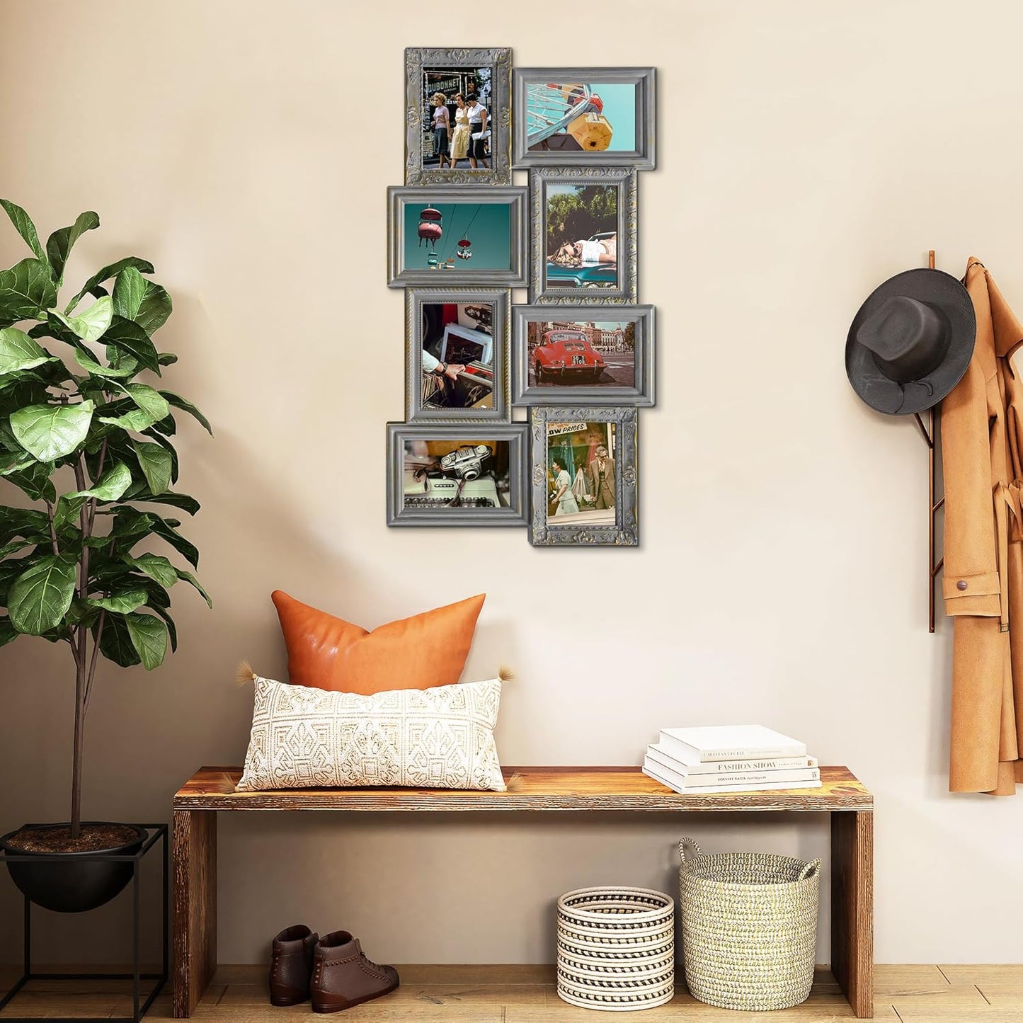 Jerry & Maggie 6 Opening Collage Photo Frame Rustic 23×18 Vintage Embossed Finish PVC Picture Frames Selfie Gallery Collage Wall Hanging For 6×4 Photo, Vintage