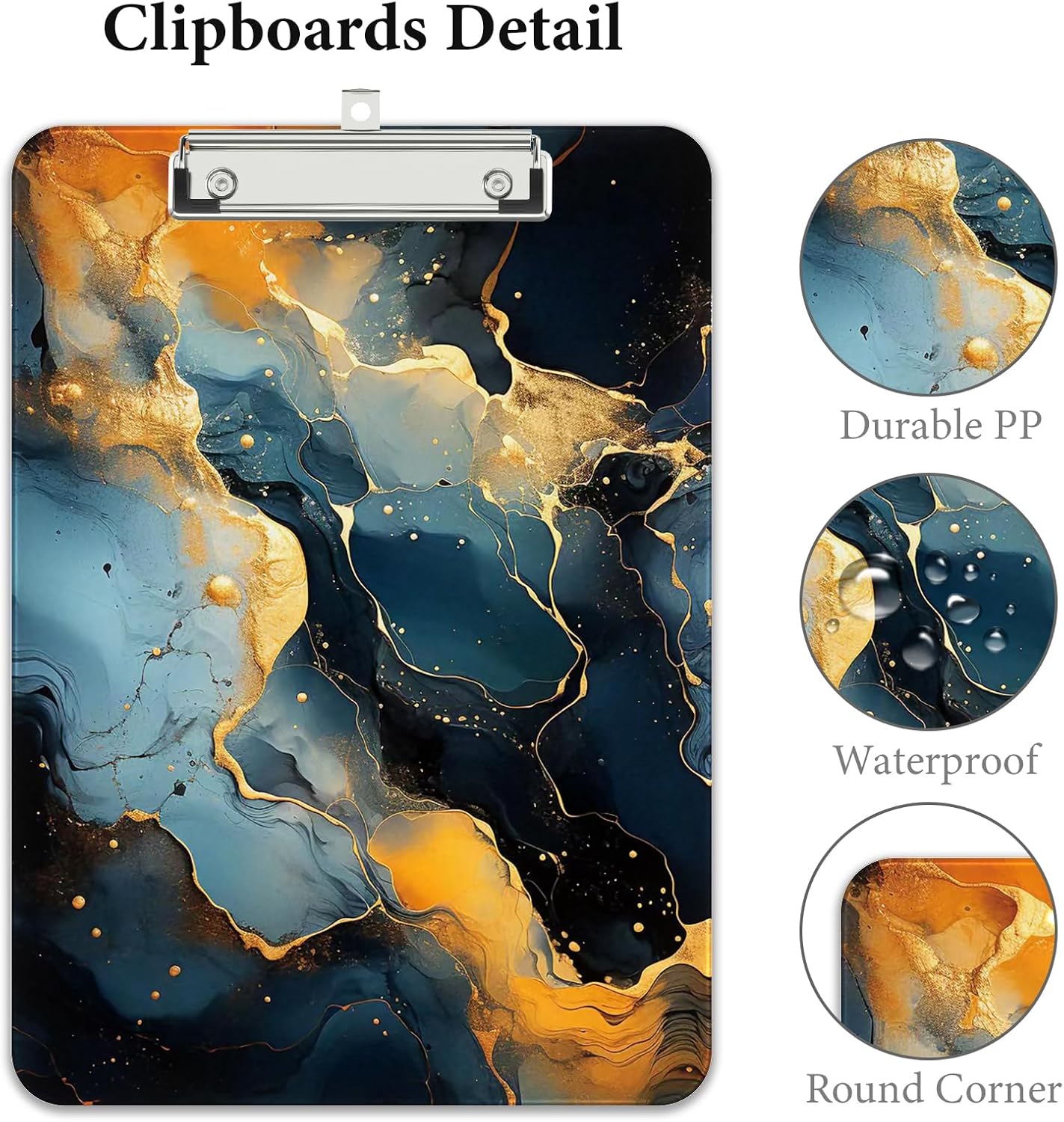 Rimilak Plastic Clipboards with Metal Clip, A4 Letter Size 9 x 12.5 in, Office Decorative for Students Women Men and Kids, Cute Custom Pattern, Black Gold Marble