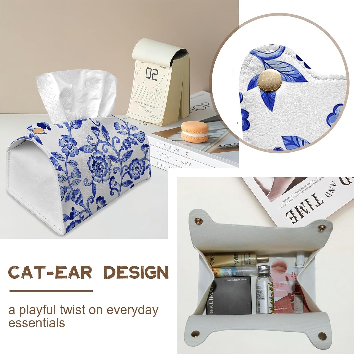 Watercolor Blue Flowers Tissue Box Cover Holder – Rectangular Tissue Organizer, Decorative Napkin Box Case for Home, Office & Car