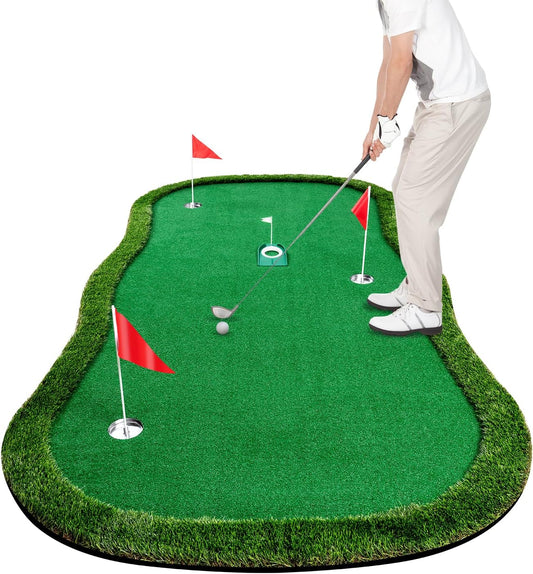 Golf Putting Green Indoor Outdoor Putting matt Professional Training Mat Practice Putting Mat with 3 Flags 1 Movable Cup 2 Slope Pad 5x10ft