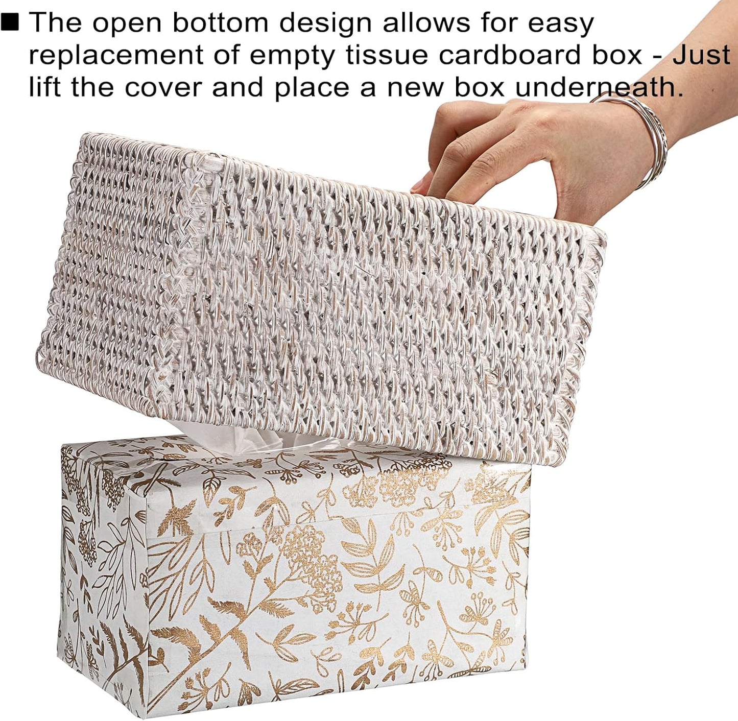 Sumnacon Tissue Box Cover Large Rectangle Tissue Box Rattan Tissue Box Holder,Wicker Decorative Tissue Holder for Bathroom Toilet Living Room Kitchen Office Table Desk,Whitewash