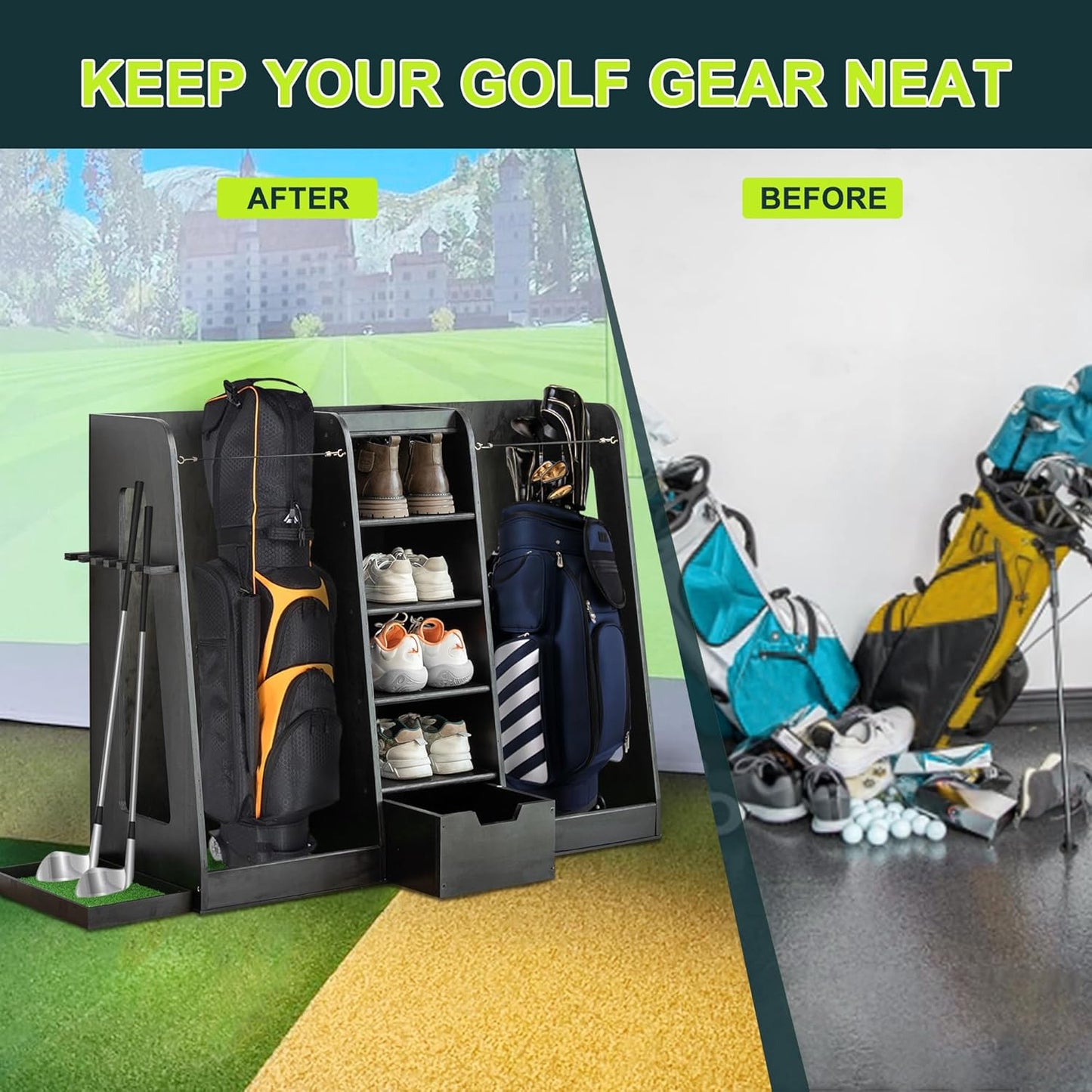 Wooden Golf Bag Organizer and Storage Rack, Wooden 2 Golf Bag Rack with Drawers, Easy to Assemble Golf Club Holder/Stand with Club Holders on Side