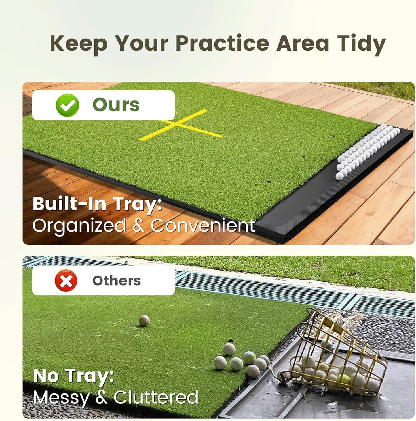 Golf Hitting Mat with Ball Tray, Stance Guide Cross-Line, 5x4ft & 6x4ft, 26mm & 31mm Thickness Green Turf Practice Mats for Indoor Outdoor, for Men, Dad, Husband & Golf Lovers