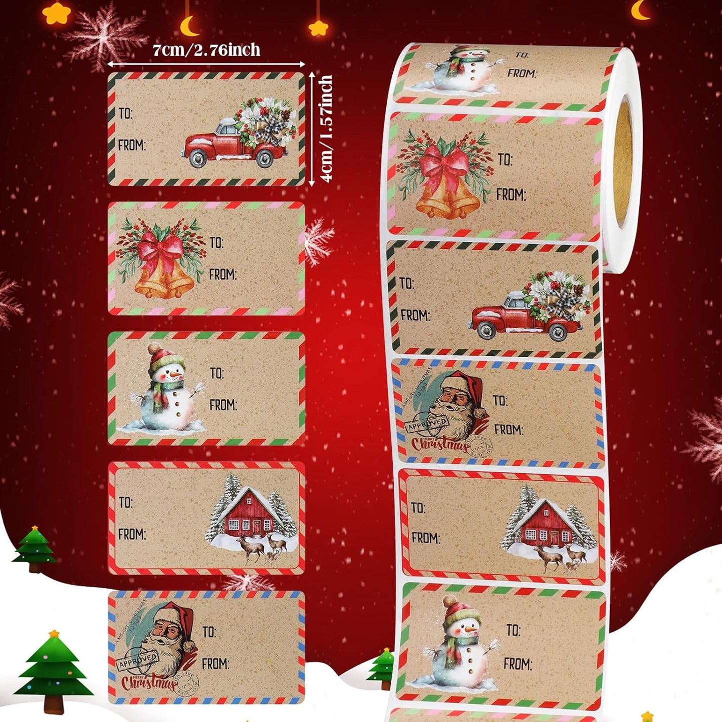 Outus 500 Pieces Christmas Tags Self Adhesive Gift Tags for Xmas Presents Christmas Name Labels Stickers for Wrapping Paper Festival Birthday Holiday Decor(Retro Style,2.76 x 1.57 Inch)