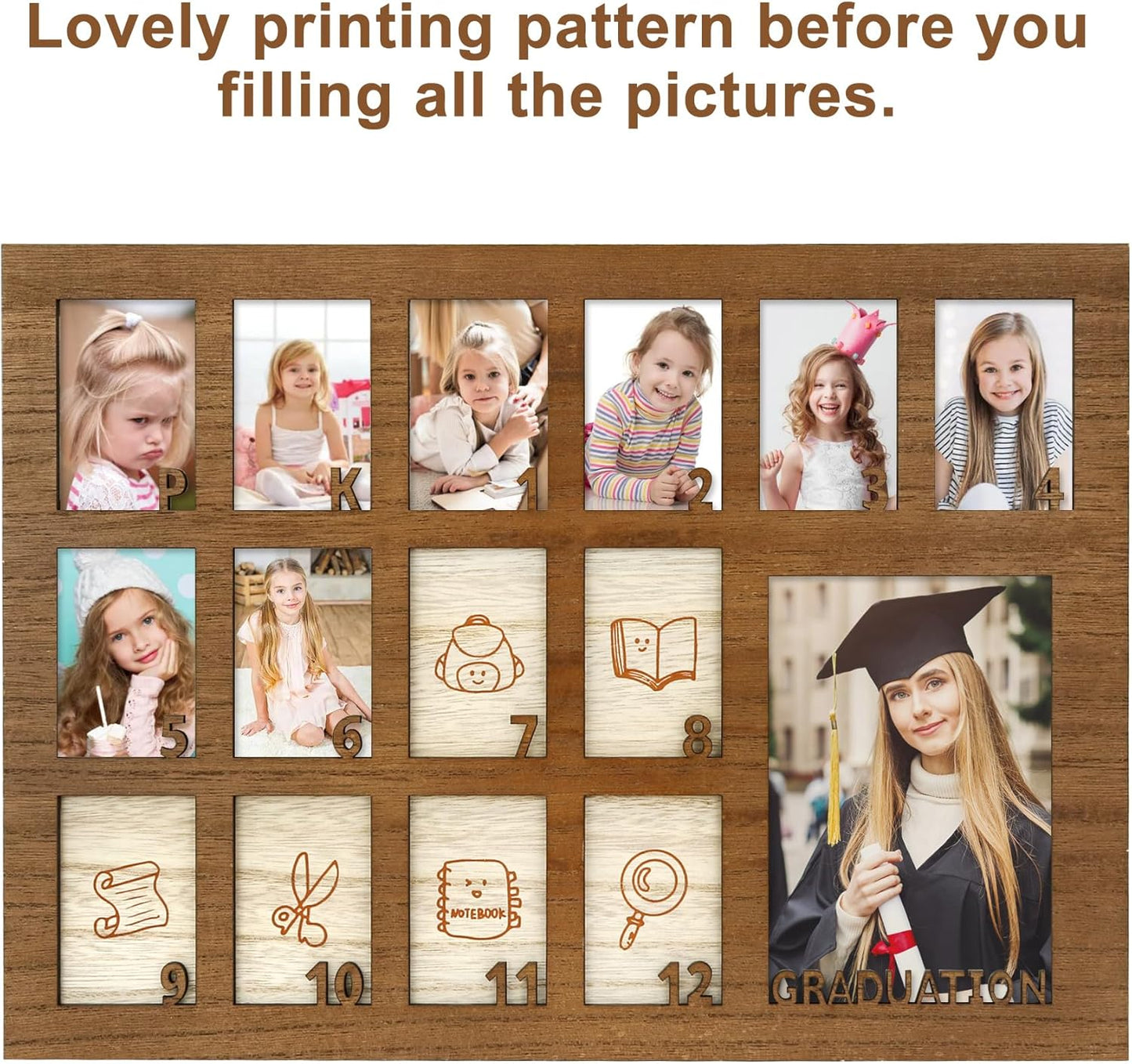 School Years Picture Frame Pre K to 12 Wooden Graduation Gift Collage Frame with Stand Easel, Displays One 4x6 and Twelve 2x3 Wallet Photos