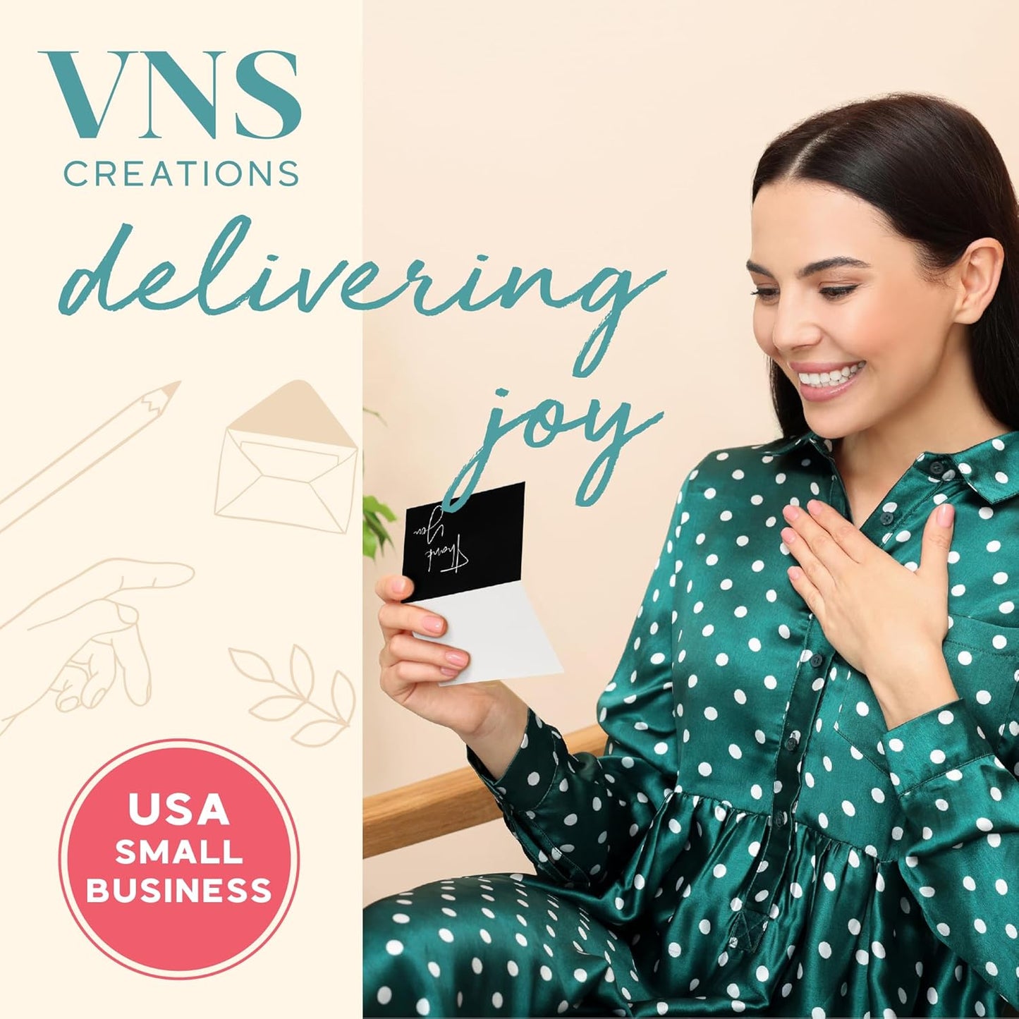 VNS Creations 50 Pack Thank You Cards With Envelopes, Stickers, 3.5x5 Inch Blank Thank You Notes - Bulk Box Set Notes for Graduation, Wedding, Small Business, Baby & Bridal Shower Card - Black