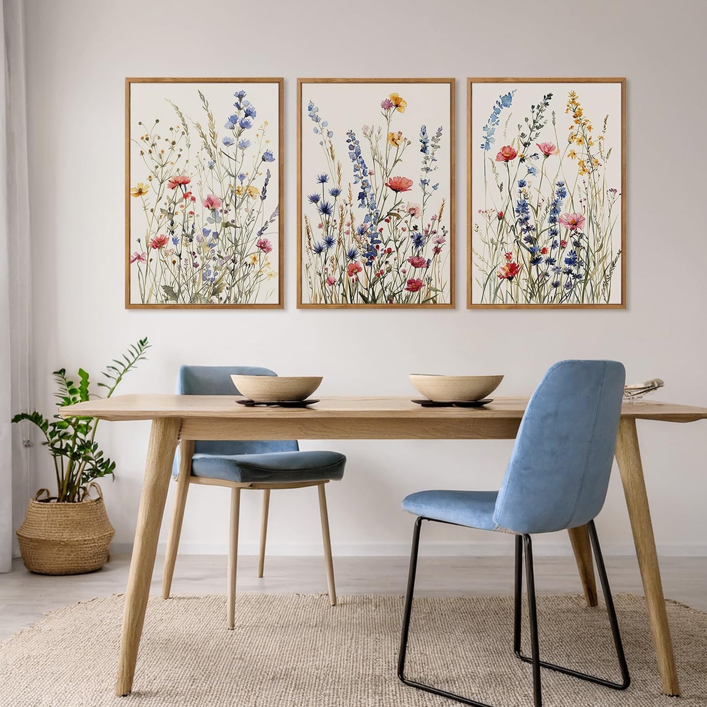 MTFBWY 3Pcs Framed Wildflower Canvas Wall Art – Floral Wall Art Watercolor Prints, Blue Botanical Artwork, Colorful Flower Pictures Decor Printing for Living Room, Girls Bedroom, or Bathroom 24L" x 16W"