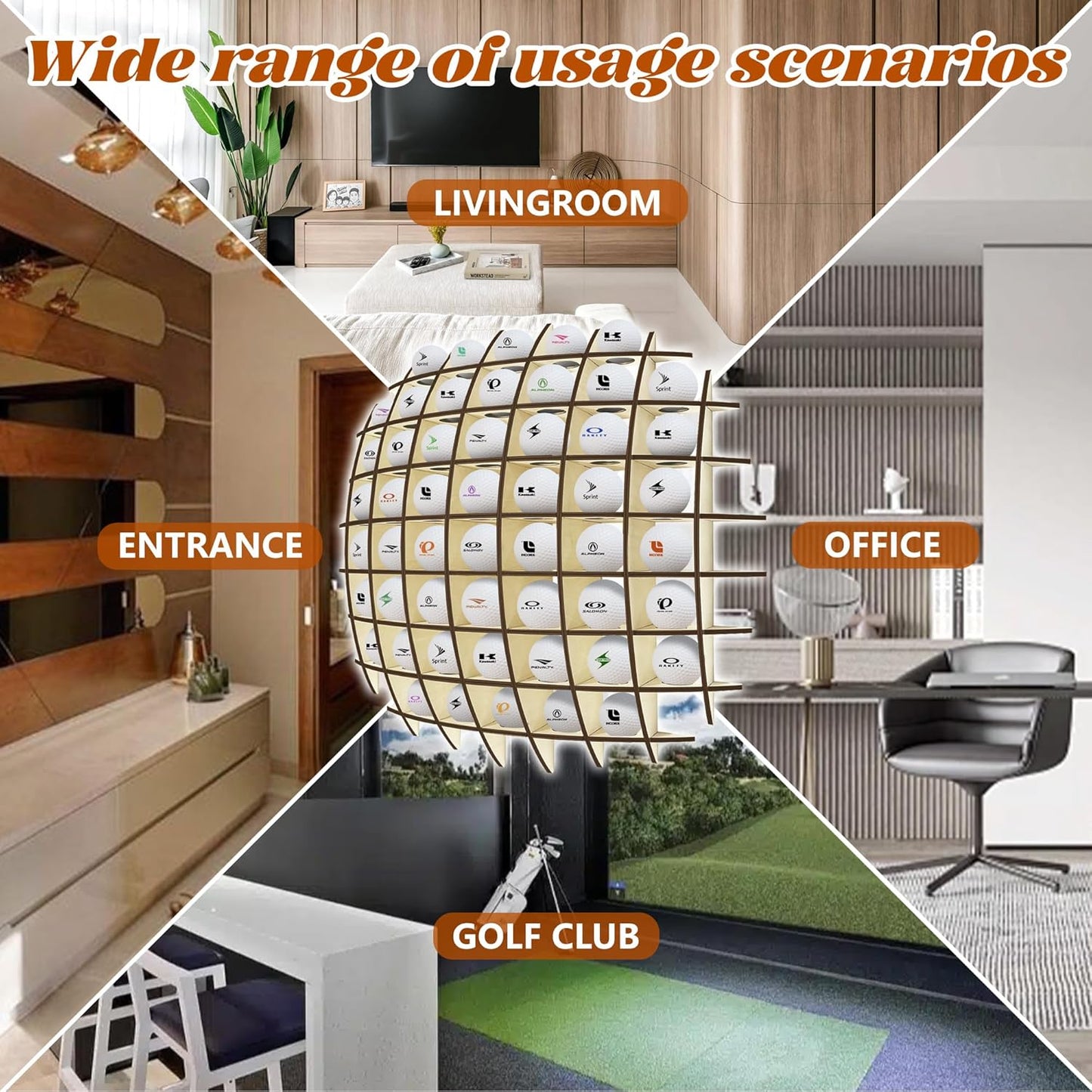 Golf Ball Display up to 52Pcs, Golf Ball Holder Wall Mounted, Golf Ball Rack for Golf Lovers (Oak Color)