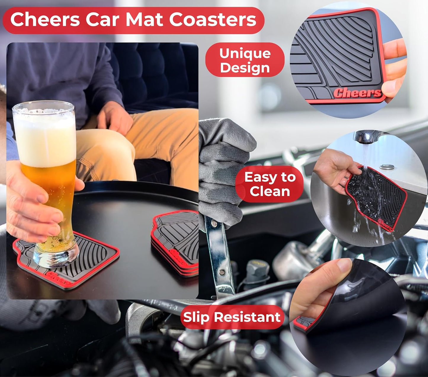 Cheers Mat Car Coasters Red Style 6x4in Cheers Sign for Bar Accessories and Tiki Decorations Outdoor Coasters Tiki Bar Sign and Coffee Decor Silicone Coaster for Drinks Mechanic Gifts for Car Guys
